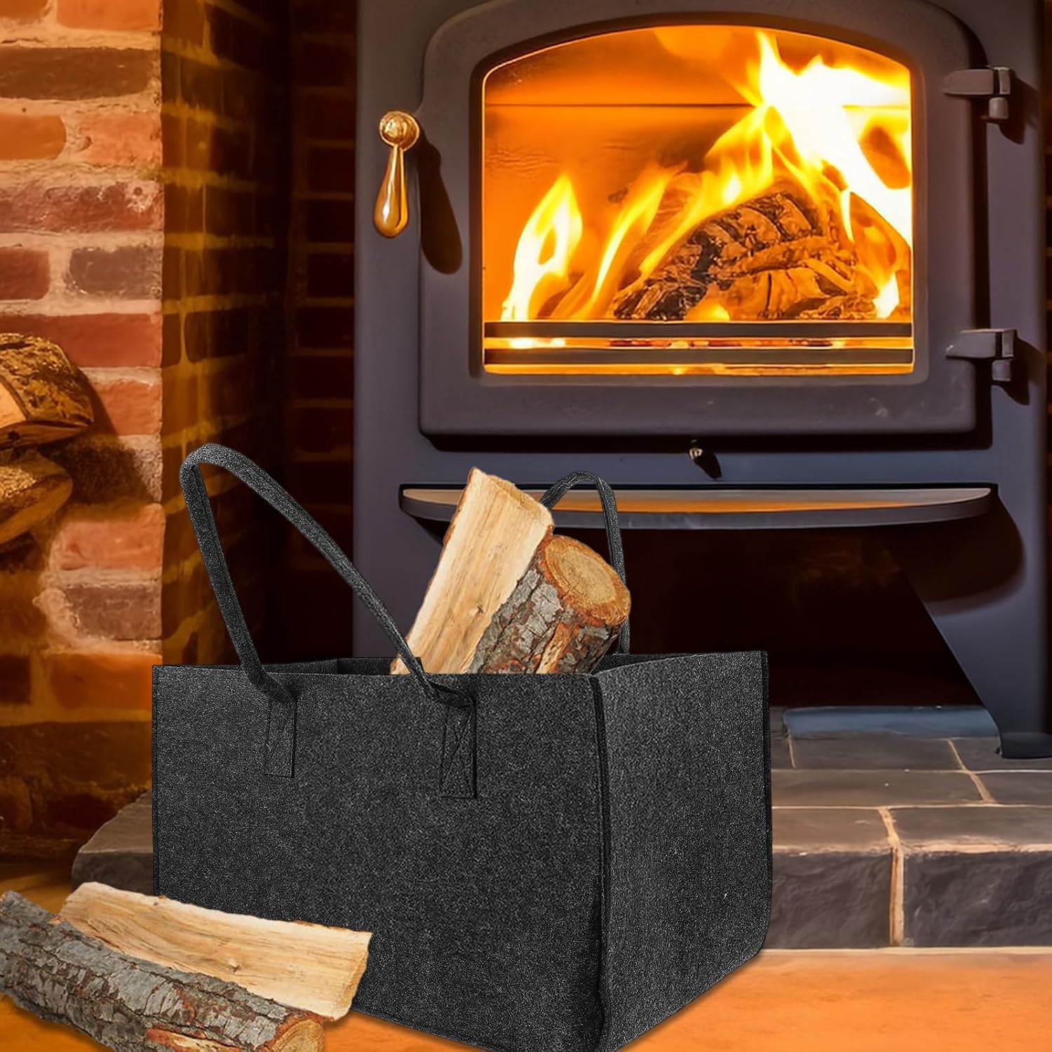 Amosfun Felt Firewood Carrier Bag Large Folding Firewood Tote Portable Log Storage Pouch with Handles for Indoor Fireplace and Camping