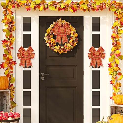 Miniatura 3 de Whaline Paquete de 2 lazos de corona de otoño, lazo de arpillera a cuadros de búfalo de Acción de Gracias, decoración de árbol de otoño, adornos de