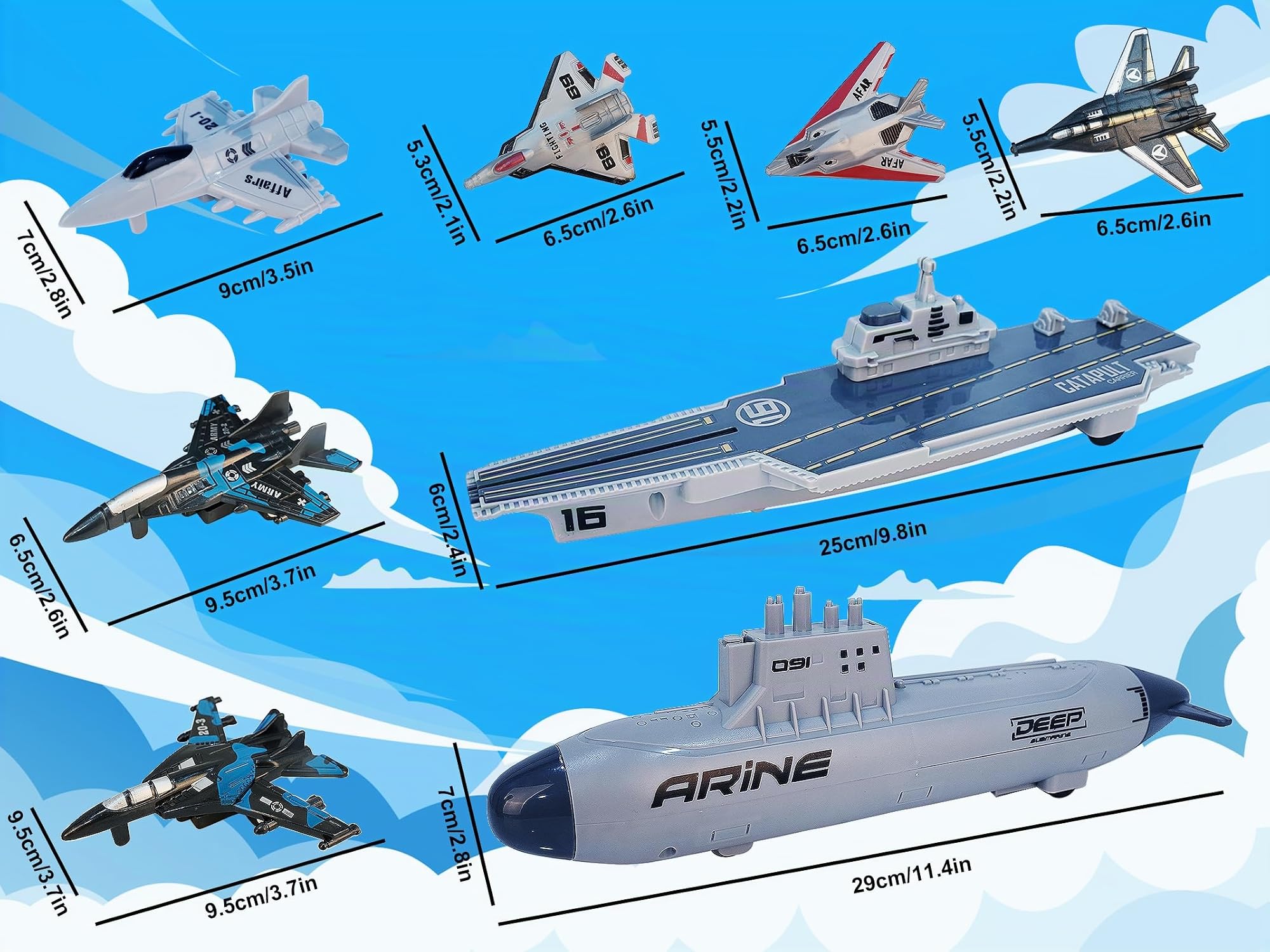 VBACALA Kit di Portaerei per Bambini-con Aereo Corazzato a Ripiego, U-Boat e Navi da Guerra,Set Giocattoli Militari Navali Appassionati di Storia Militare per Bambini 3+ Anni