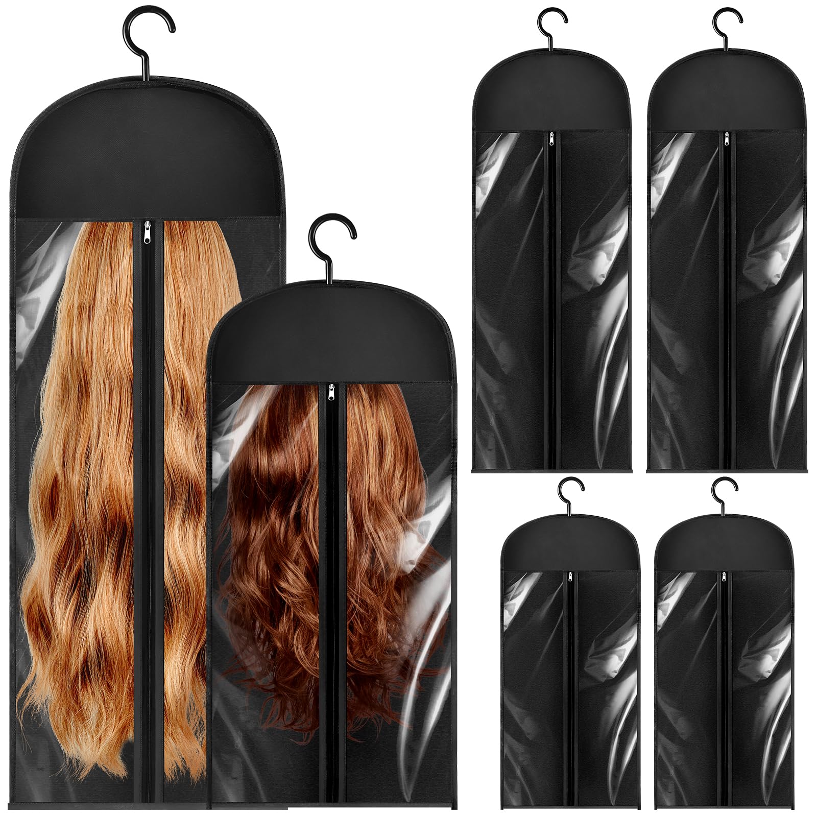 ULELE Hair Storage Bag, 6-Piece Wig Hanger Set including Hook, Dustproof Portable Holder for Multiple Hairpieces (Black