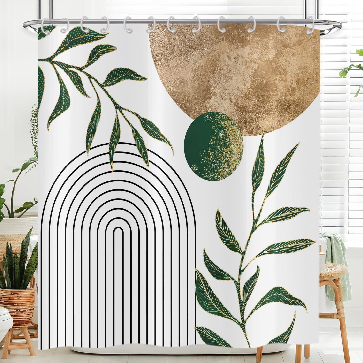 Hnmdmyi Boho Shower Curtain 180x220, Mid Century Abstract Green and Gold Leaves Arch Sun Modern Geometric Minimalist Aesthetic Art Bathroom Shower Curtains Waterproof Polyester Fabric Bath Curtains — image 1