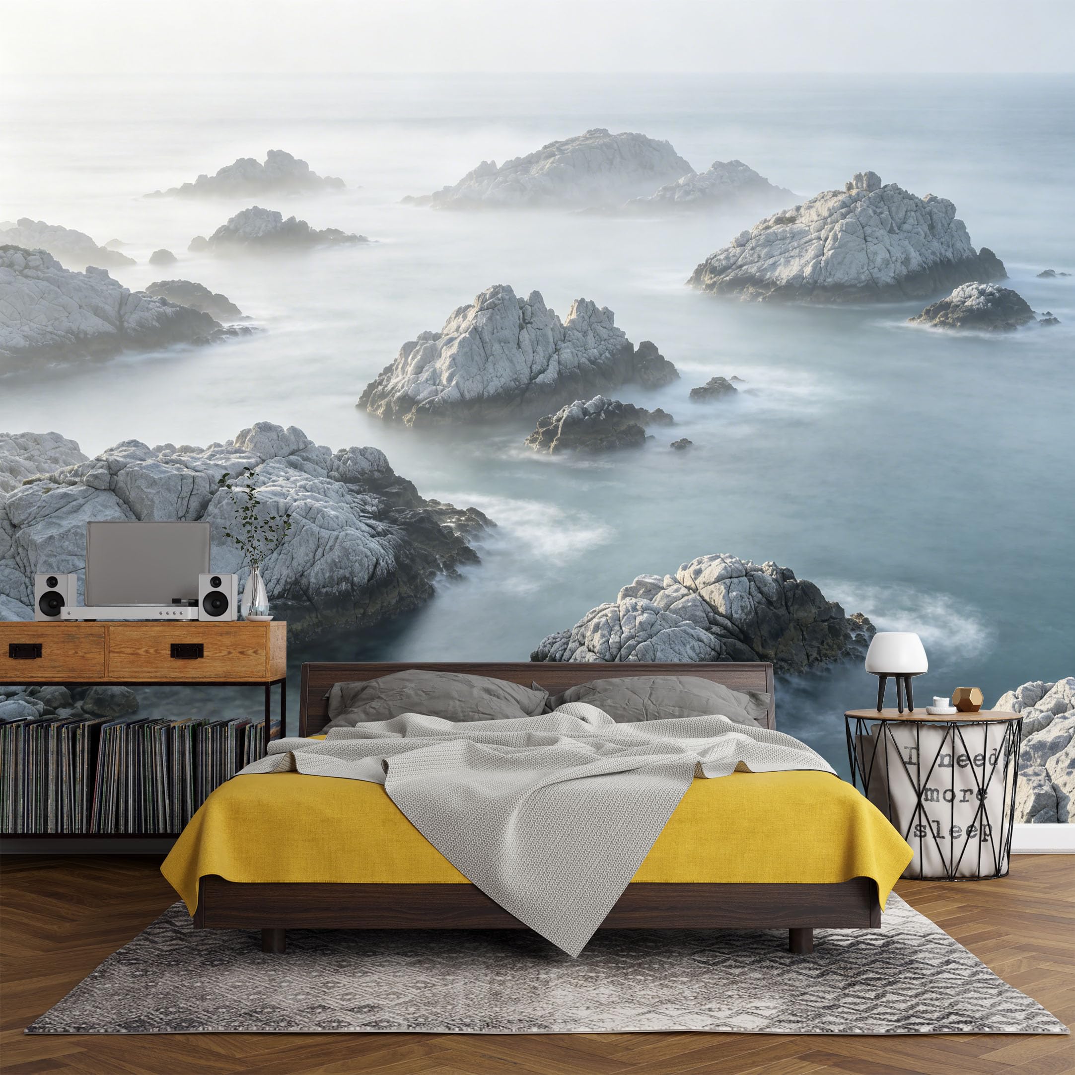Custom Size Wall Mural， Coastal Rocky Shore Ocean Mist Landscape，SelfAdhesive Art Prints wall Fabric (No PVC) Removable Wallpaper Living Room Decor