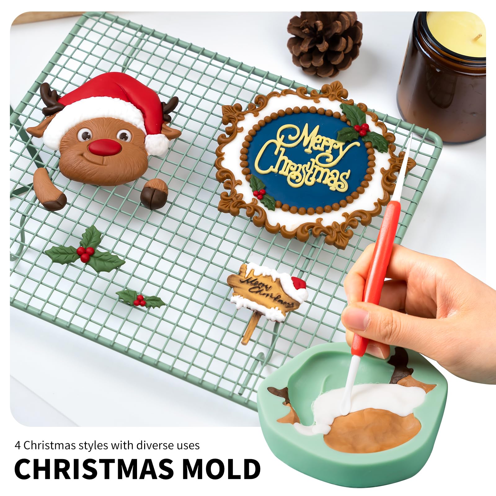 KALAIEN Juego de moldes de fondant de Navidad, reno de Navidad, molde de caramelo de chocolate, hojas de acebo, molde de azúcar para hornear decoraciones de pasteles, 7 juegos