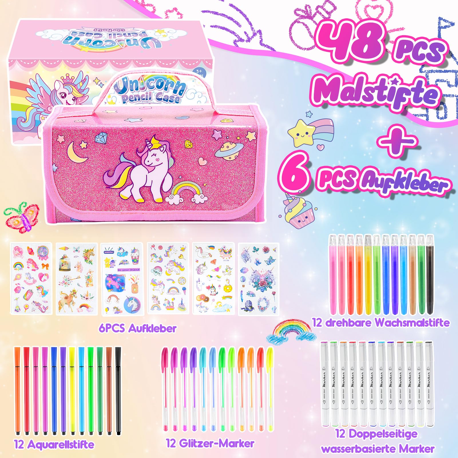 HappyGoLucky Cadeau voor meisjes van 3, 4, 5, 6, 7, 8, 9, 10 jaar, kleuren koffer voor kinderen, aquarel, kleurpotloden, viltstift, eenhoorn-spelletjes, meisjes van 3 tot 10 jaar, schilderset voor