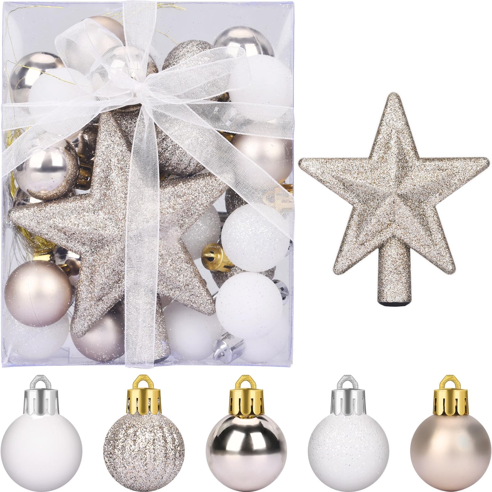 MINSHUXI 30 Pack Bolas de Navidad(Oro/Blanco) Adornos Arbol Navidad Adornos de Bolas de Plástico de 3 cm para Regalos Navidad Decorar Arbol Navidad Fiesta Boda
