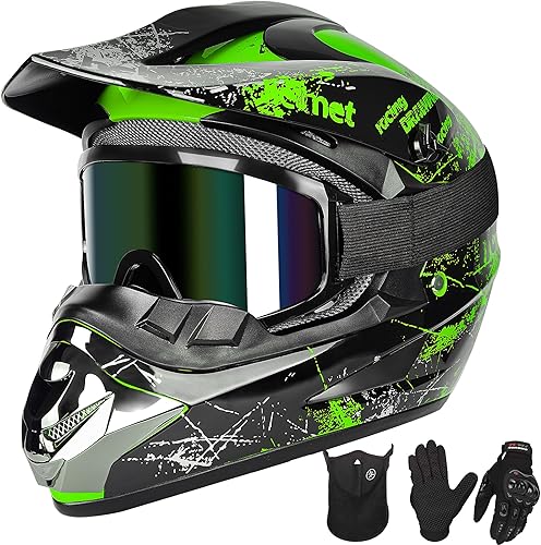 Youth Kids Motocross Helmet Full Face Motorcycle Dirt Bike Off-Road Mountain Bike BMX MX ATV Helmet with(Gloves Goggles Mask) 4Pcs Set - DOT Approved