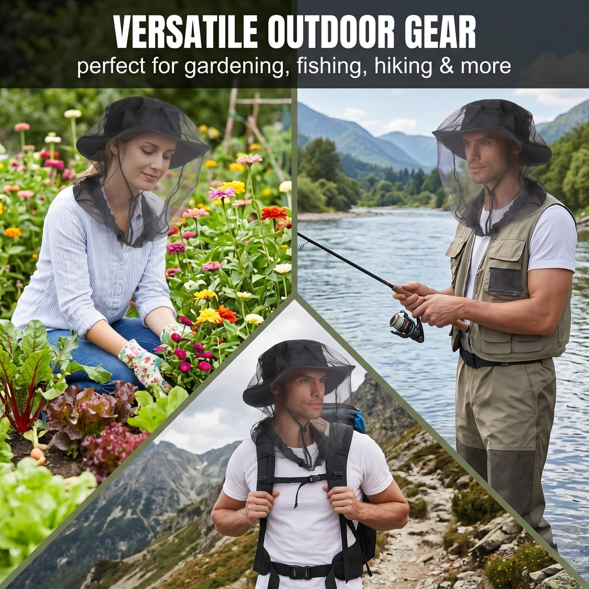 2 Pezzi Cappello Apicoltore con Rete Zanzariera Testa, Maschera Anti Insetti e Zanzare per Pesca, Escursionismo e Campeggio, Protezione Viso in Nylon Traspirante, Nero
