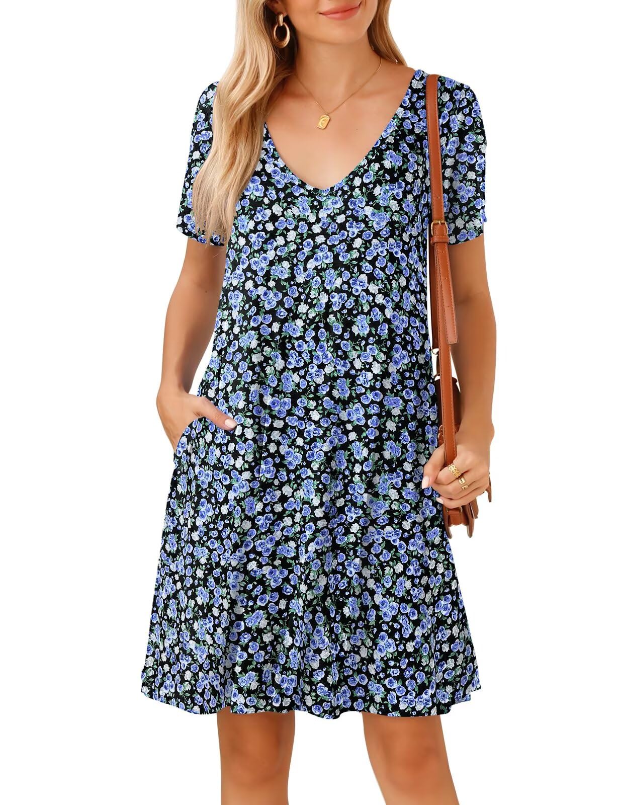 JollieLovin Women T Shirt Plus Size Summer Swing Dresses Short Sleeve V Neck Loose Casual Dress(L-5X)