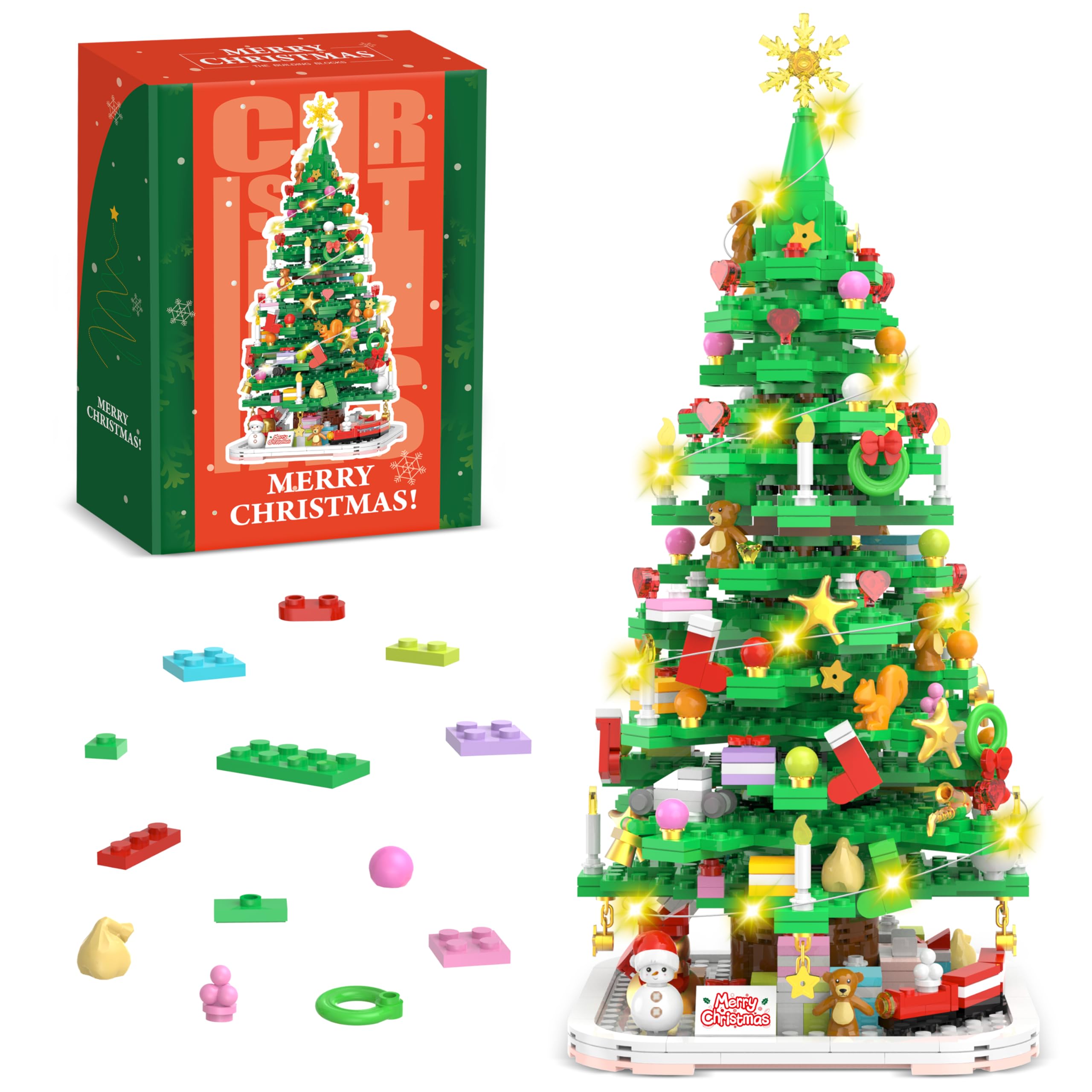 Wowok Christmas Building Blocks Toy - Christmas Tree Building Set, 1102 Pieces Mini Building Blocks for Kids Adult, for Teens Girls Boys Christmas Party Home Decoration