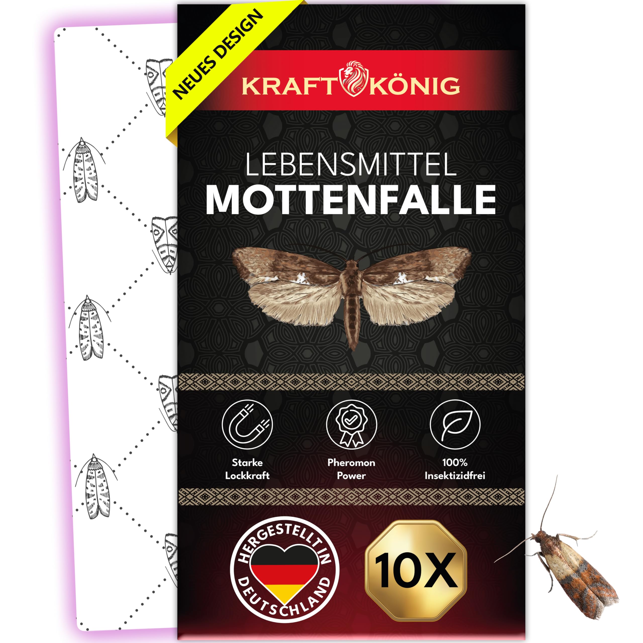 KRAFTKÖNIG Lebensmittelmotten Falle 10er Set – Mottenfalle Lebensmittel mit starker Pheromon-Lockwirkung – geruchlose Mottenfalle mit Langzeitwirkung für Küche & Vorratsschrank