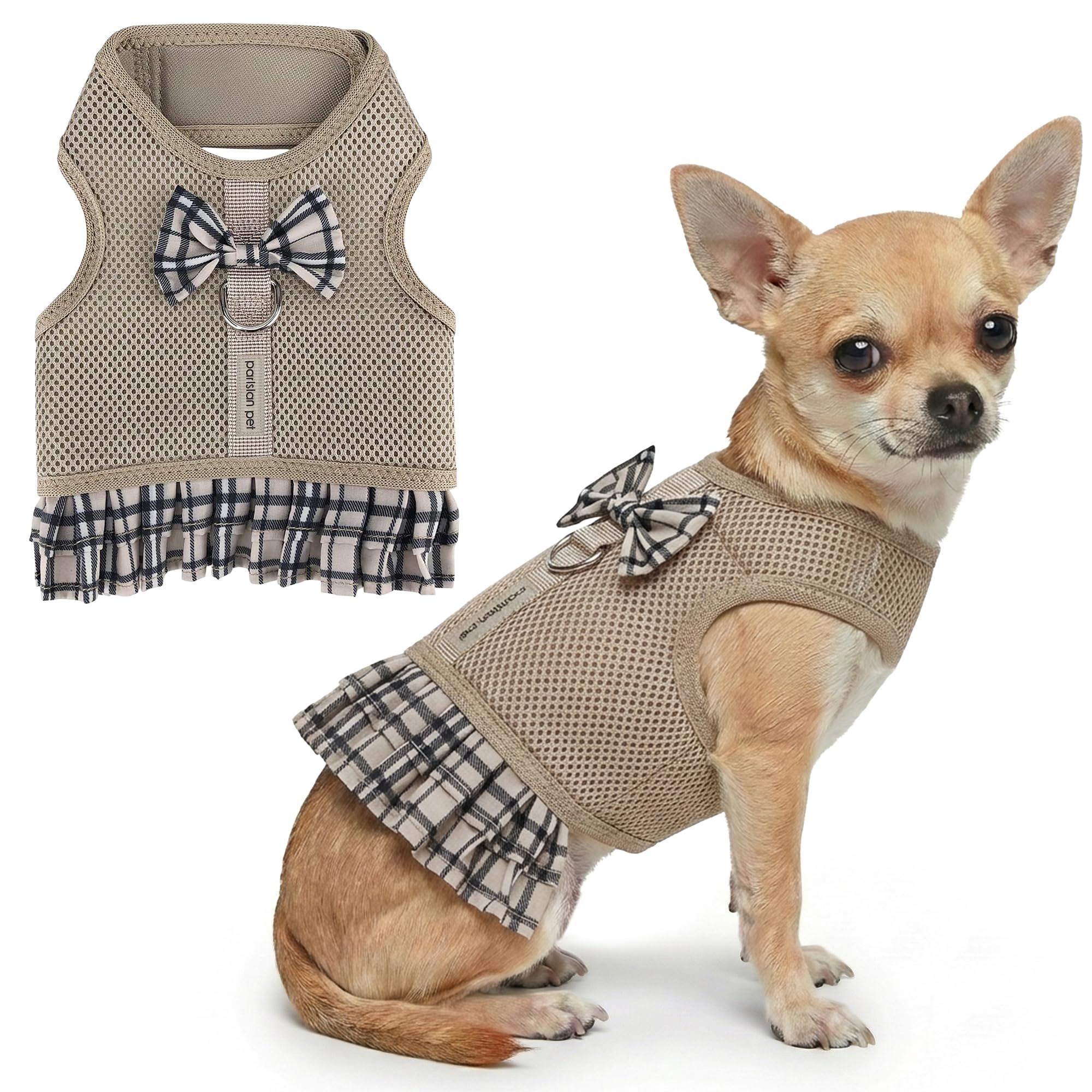 Parisian Pet Dog Cat Harness Step-in Vest, Plaid, Camo, Leopard, Polka Dot Dress (S, Plaid/Khaki Dress) — image 1