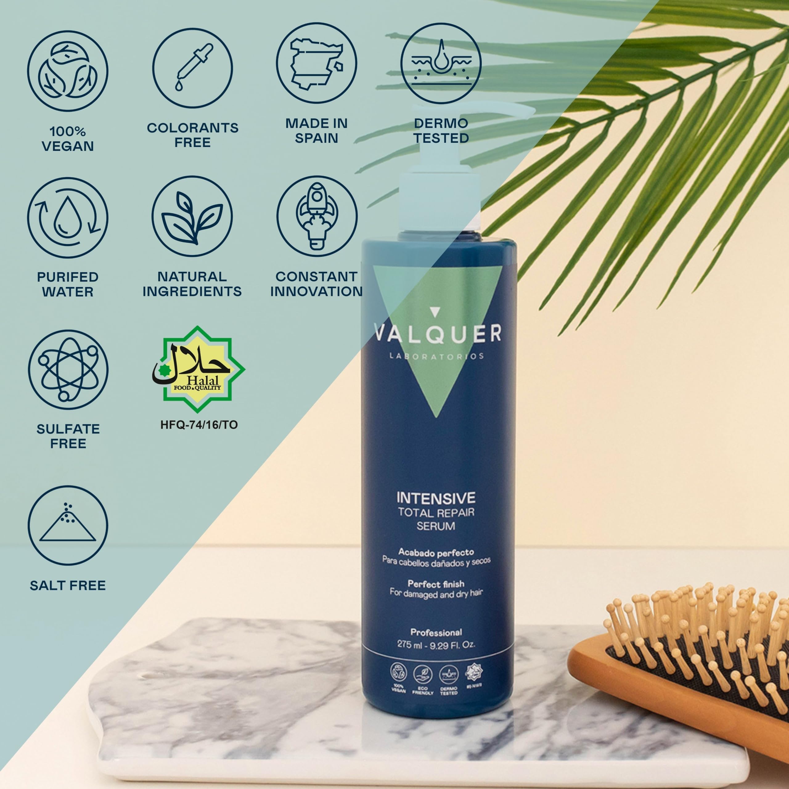 Valquer Sérum Capilar Intensivo Total Repair. Tratamiento Reparador para Cabellos Dañados y Secos con Panthenol y Vitamina E. Brillo, Suavidad y Acabado Perfecto. Vegano. 275 ml