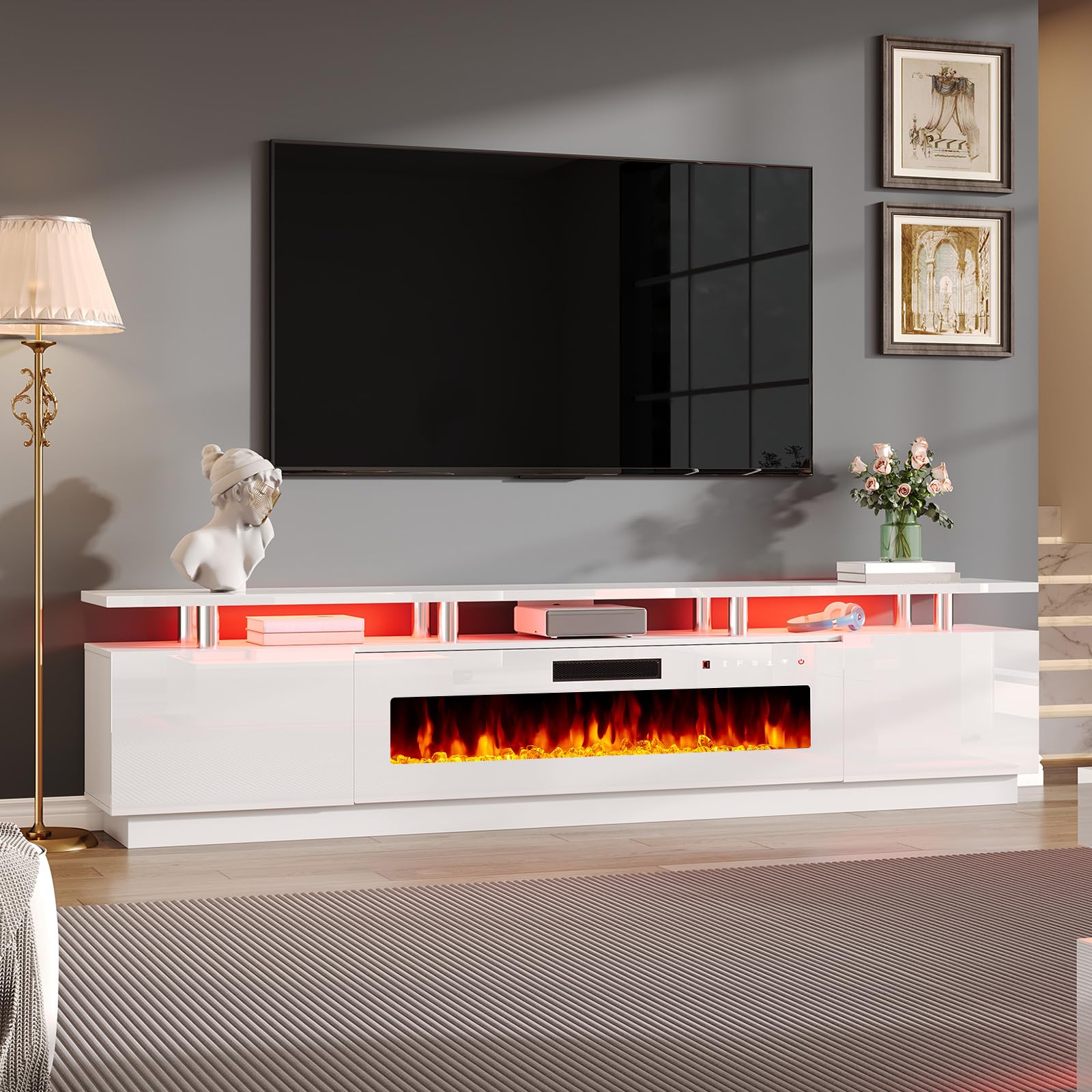 AMERLIFE 90" High-Gloss Fireplace TV Stand with 50" Electric Fireplace
