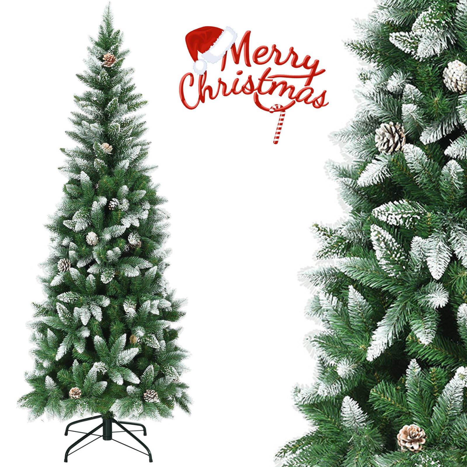 GYMAX Sapin de Noël 180cm Artificiel Mince avec 29 Pommes de Pin Décoratives, 630 Branches Recouvertes de Neige, Support Métal, pour Maison, Magasin, Café