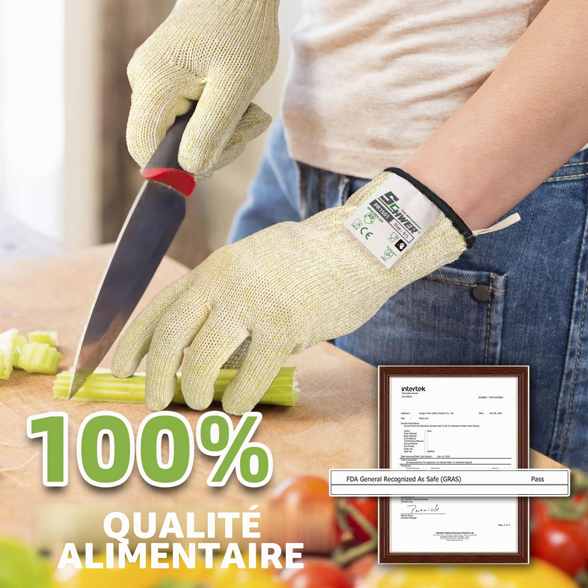 Schwer Gants résistants à la coupure LEVEL A9/F, conformes aux normes américaines et européennes les plus strictes, protection ultime contre la coupure, sans PFAS(beige,2pairs,M)