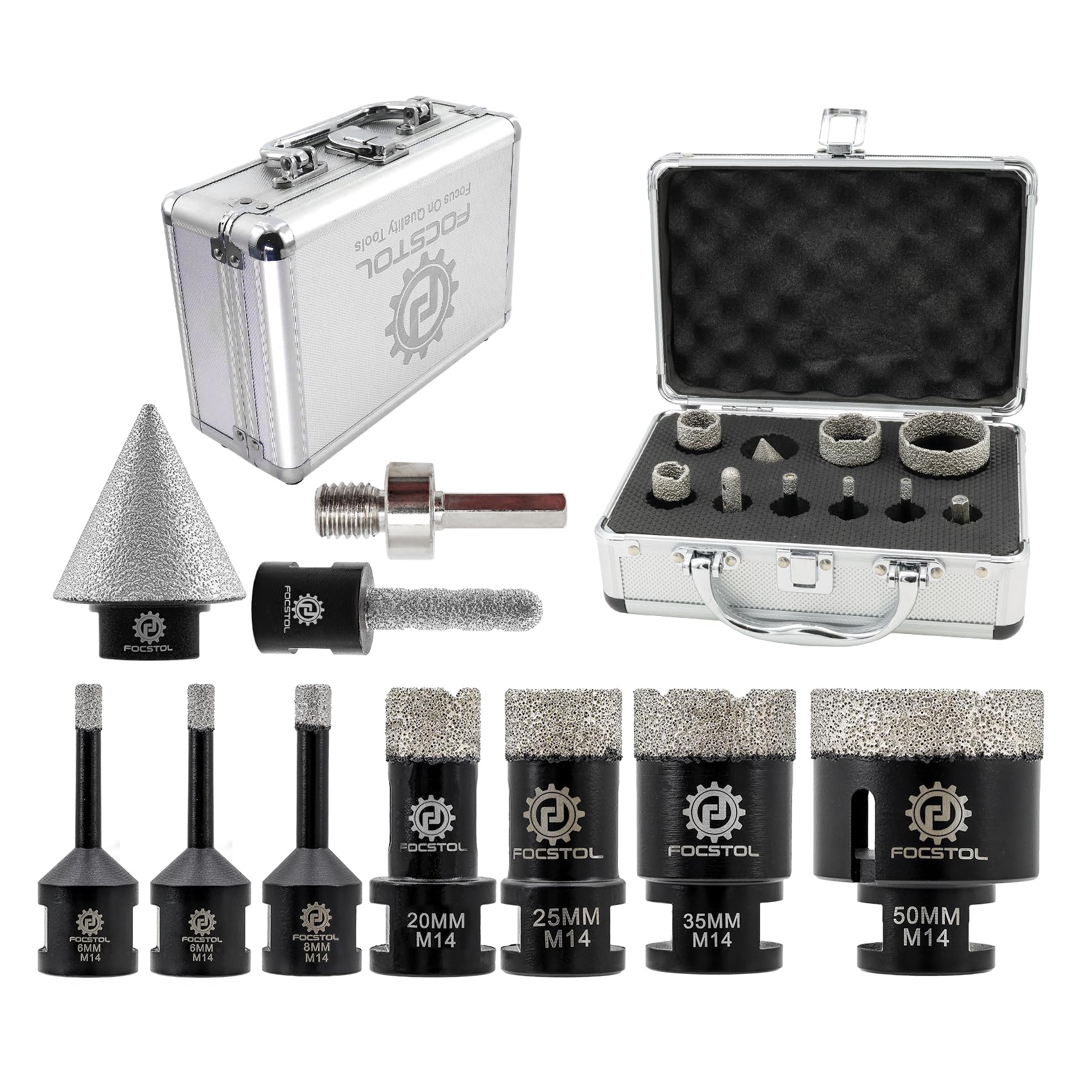 FOCSTOL Diamantboor van porselein, diamantkroon van porselein, voor marmeren tegels, keramiek, 10 stuks (20/25/35/50/68/100 mm 50 mm 50 mm 50 mm afgeschuinde fasenboor 20 mm frees adapter