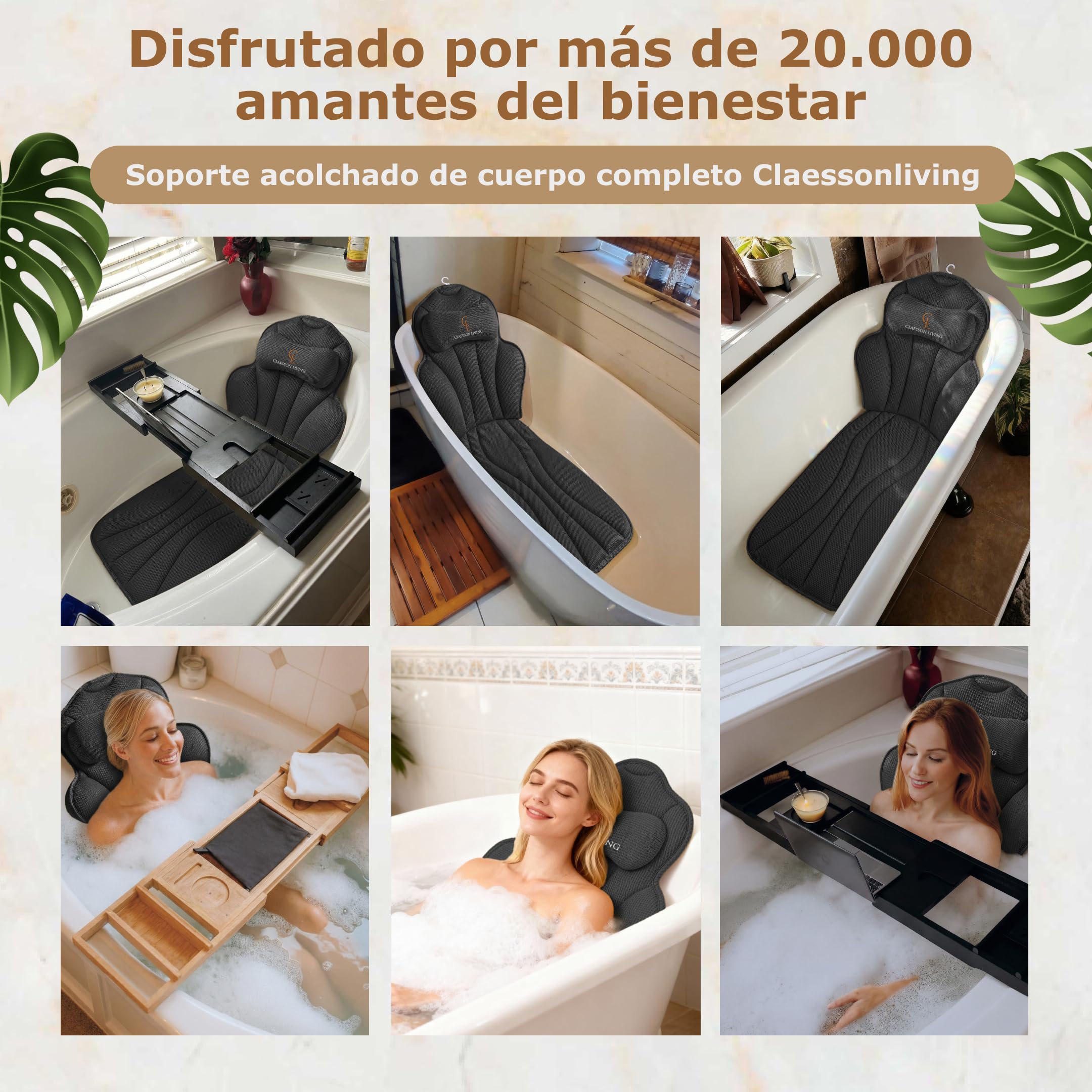 Cojin bañera (152x56cm) - Almohada bañera con apoyacabezas (11cm) y Soportes para el Cuello, Espalda y piernas – Incluye: Bath Pillow, Bolsas de Lavado y de Viaje, Gancho para Secado rápido Negro