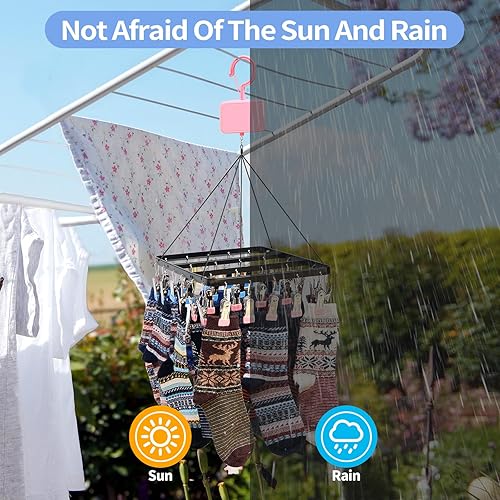 Miniatura 5 de Estante de secado de calcetines elevable, percha de secado de ropa de acero inoxidable con 30 clips, secadora de calcetines con gancho giratorio a