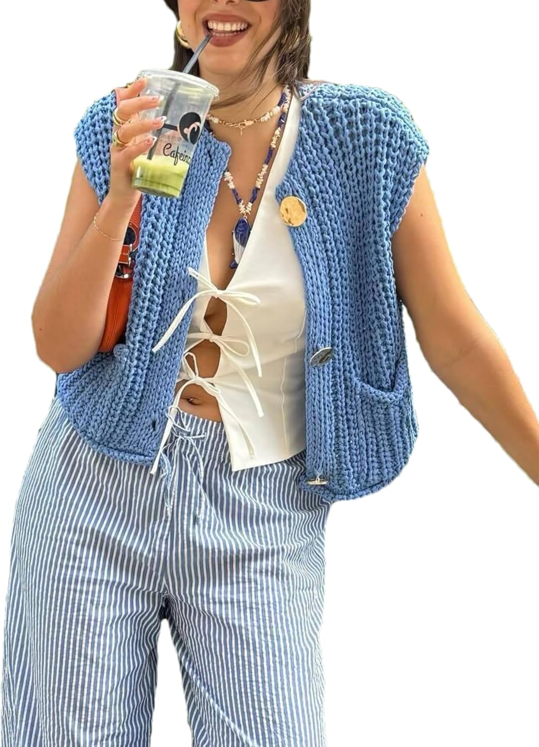 Bozanly Womens Chunky Knit Sweater Vest Cute Button Down Sleeveless Crop Crochet Cardigan Vest 2025 - Image 2