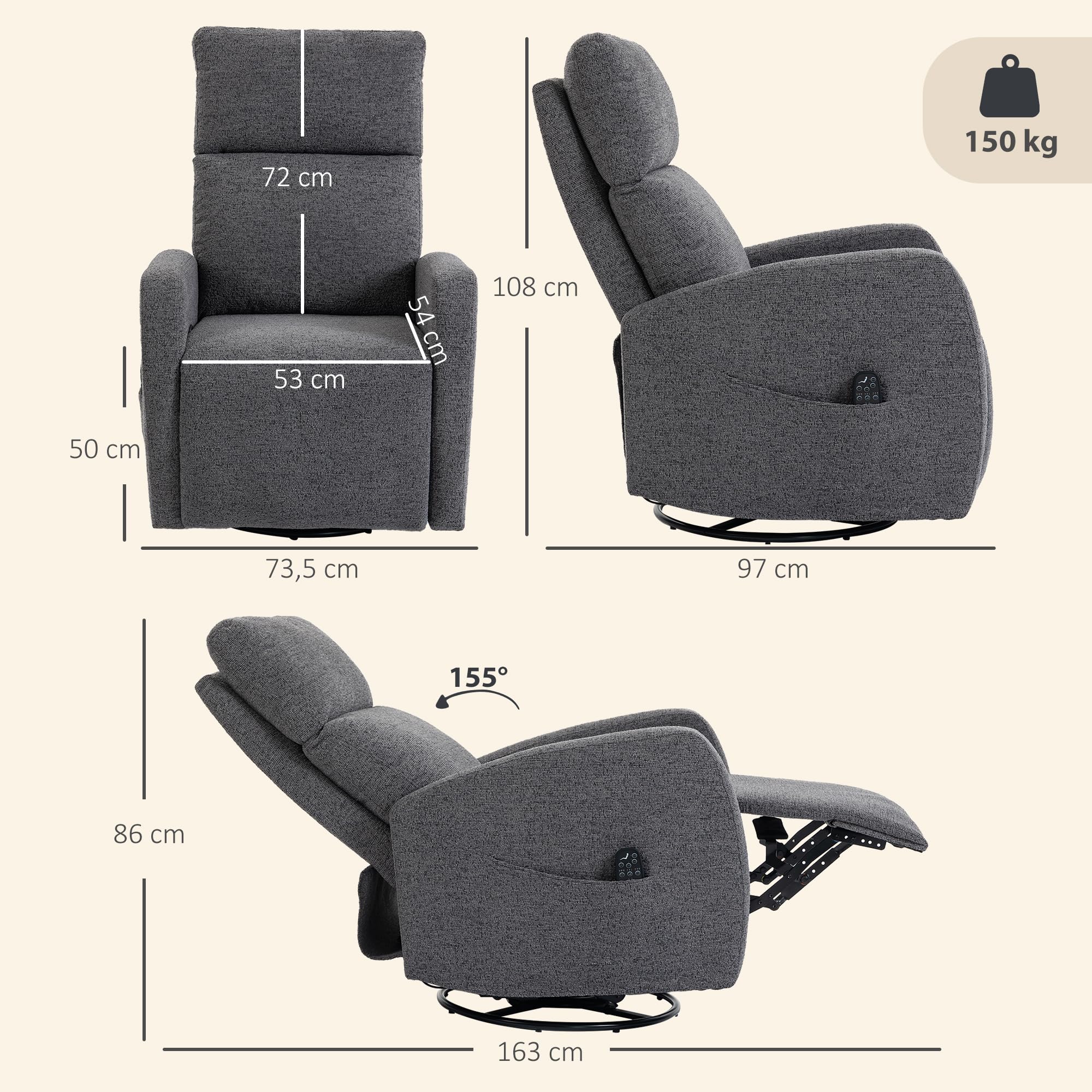 HOMCOM Relaxsessel Fernsehsessel Wärme und Vibrationsmassage Dunkelgrau | Drehbarer Massagesessel, Liegefunktion, Wippfunktion, Seitentasche, TV-Sessel mit Chenille-Optik, für Wohnzimmer