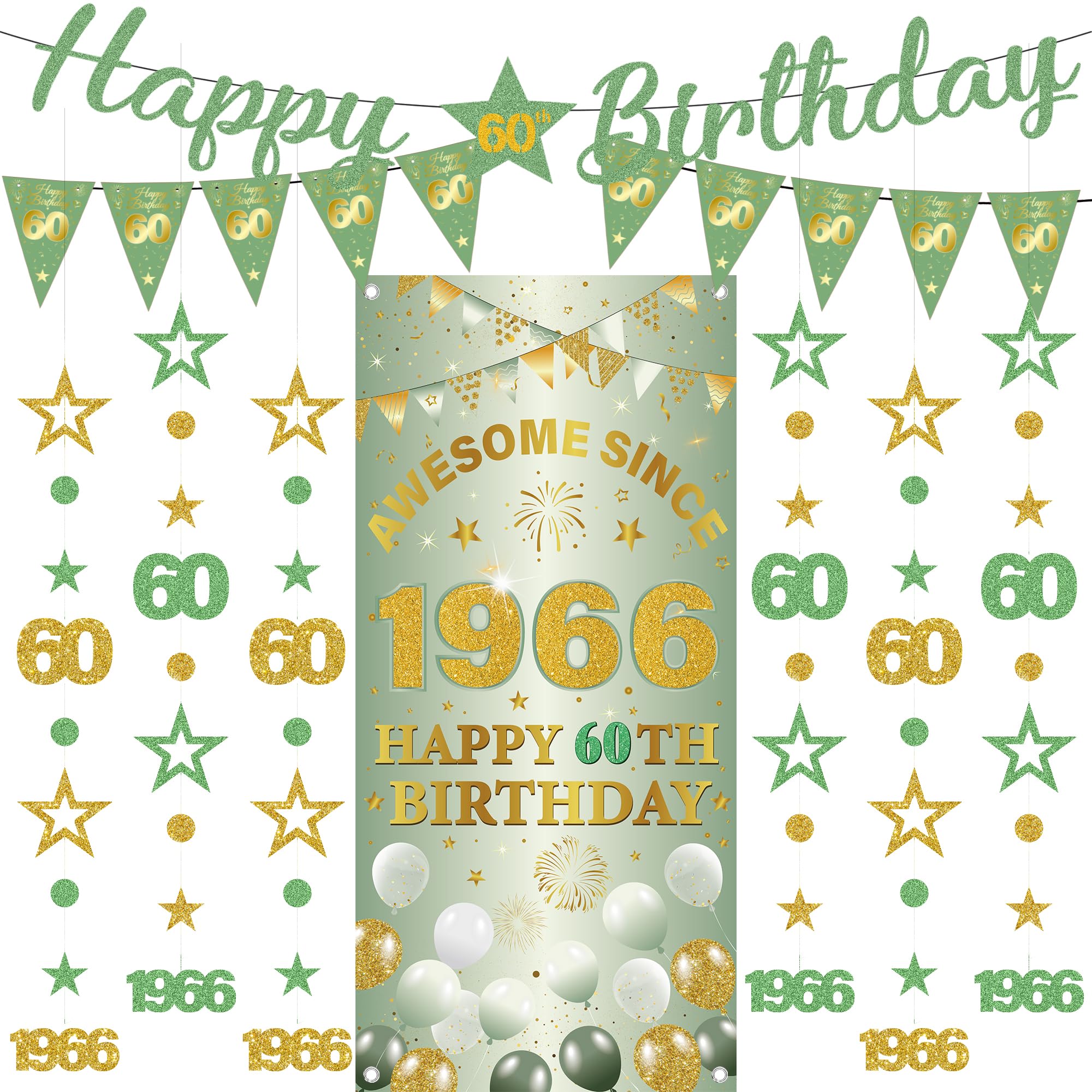 60th Birthday Decorations Women Banners - 9 Pcs Green Gold Happy Birthday Banner Awesome Since 1966 Curtain Twinkle Star Dot Hanging Streamer Pennant for Her 60 Years Old Party Decor Supplies