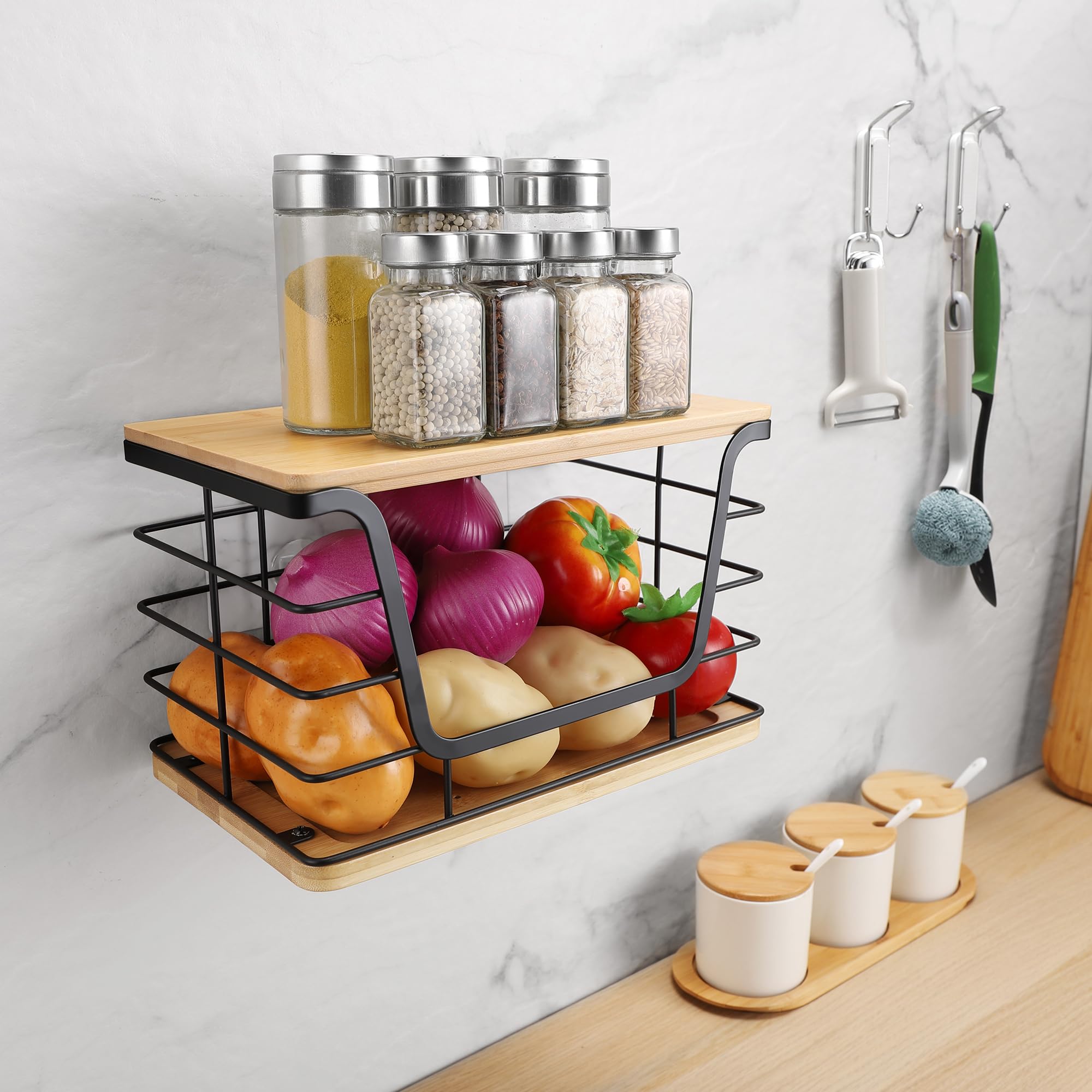 ALOCEO Dispensador de bolsas de basura extra grande con parte superior de bambú, soporte de pared de acero inoxidable, organizadores apilables de lavandería de cocina