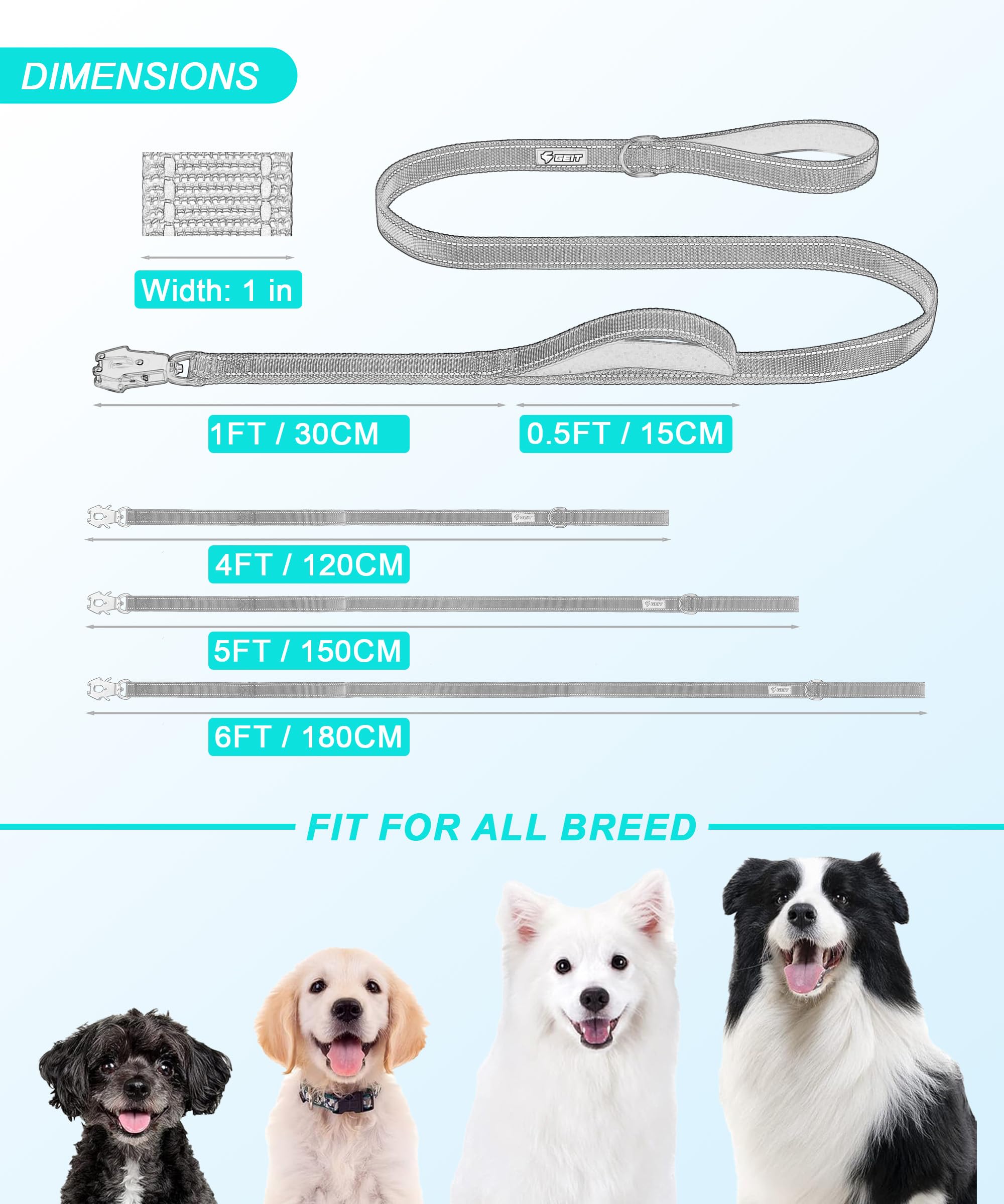 GEIT Correa de Perro de 4/5/6 pies, Correa de Entrenamiento Resistente con Asas Dobles, Correa de Cuerda Reflectante con Clip táctico de liberación rápida/Bloqueo para Perros pequeños, medianos y