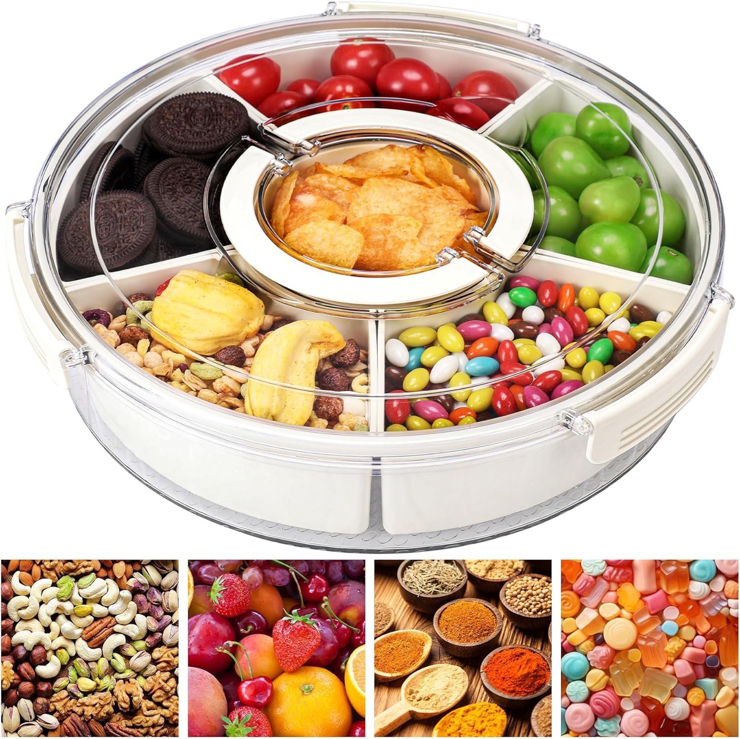 LATERN Divided Serving Tray with Lid and Handle, 360° Rotating Food Storage Container Airtight Fridge Organizer Box with 6Pcs Inner Boxes for Snack Candy Salad Fruit Vegetable Meat Keeper Fresh Crispy