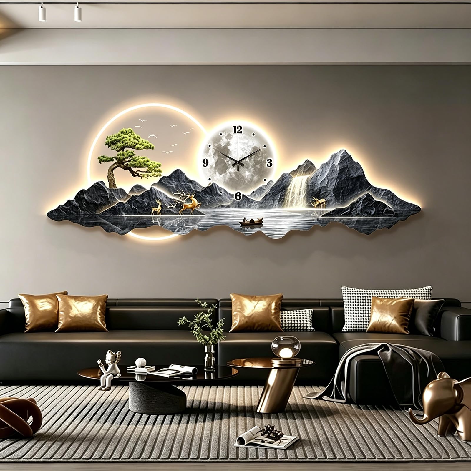 Large Wall Art Clock with LED Light, 3D Mountain Landscape Wall Art Decor with Warm Glow, Modern Home Decorative Silent Wall Clocks for Living Room Bedroom Entryway style-D 70.87×23.62 in(180*60cm)