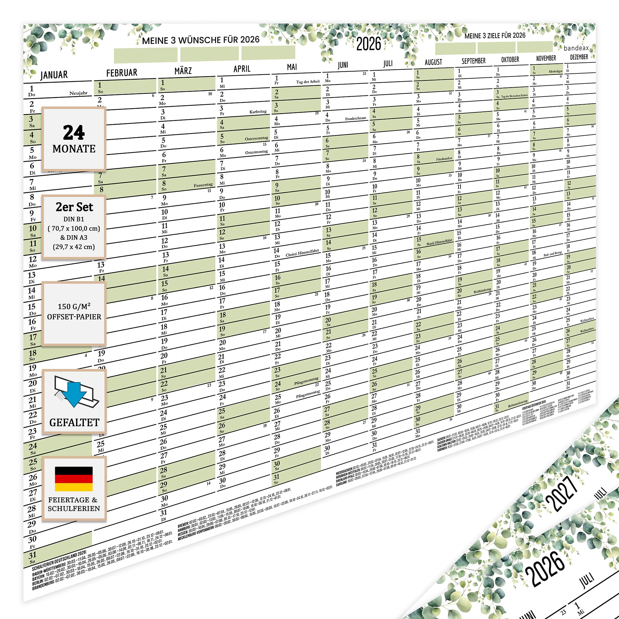 Kalendarz ścienny na rok 2026/2027, B1, duży, kalendarz roczny złożony w poprzek | Planer roczny XXL na 2 lata (70,7 x 100 cm) + gratis DIN A3 | plakat ścienny z dniami świątecznymi
