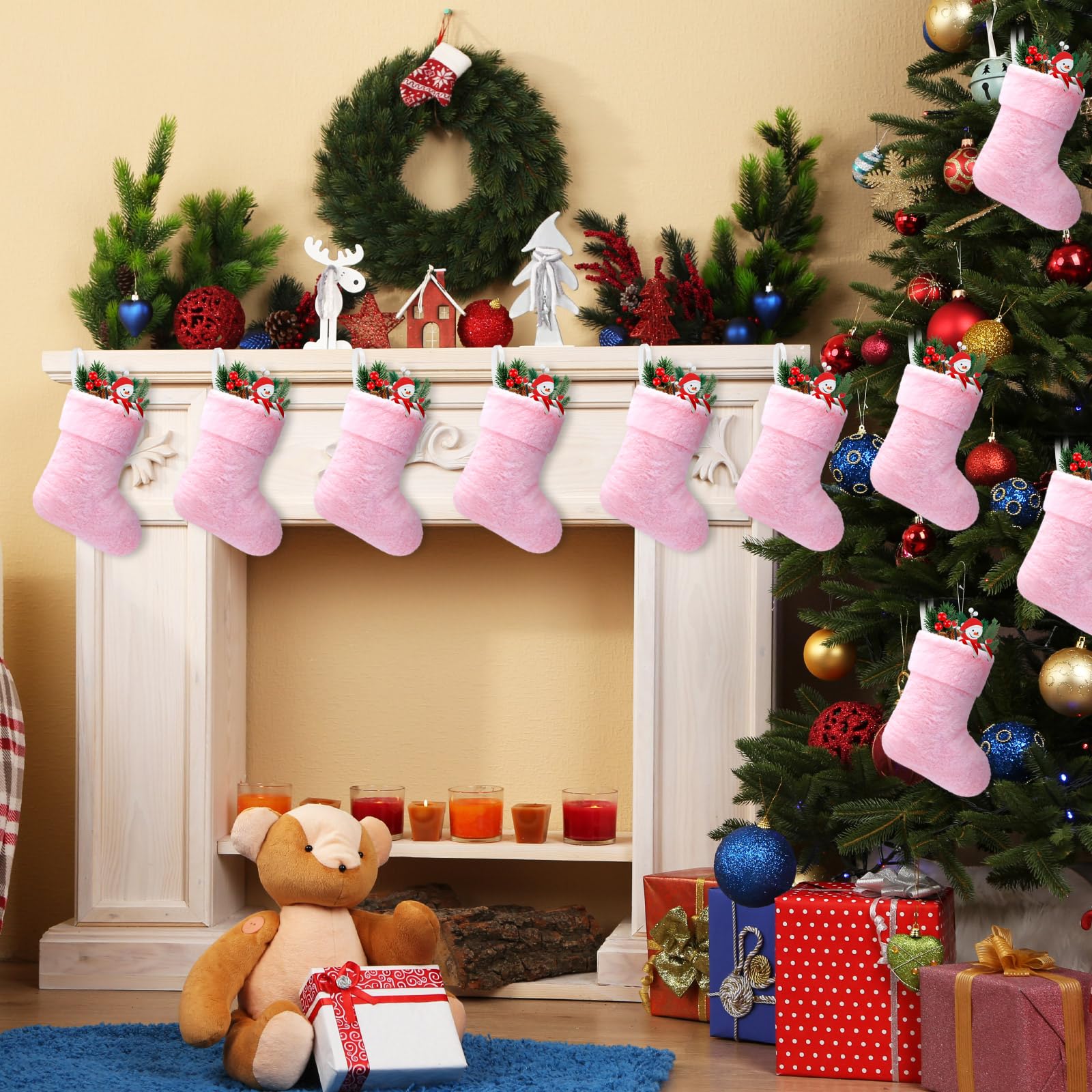 JOVITEC Lot de 12 chaussettes de Noël en fausse fourrure à suspendre pour cheminée, fête, sapin de Noël, cadeaux de 17,8 cm