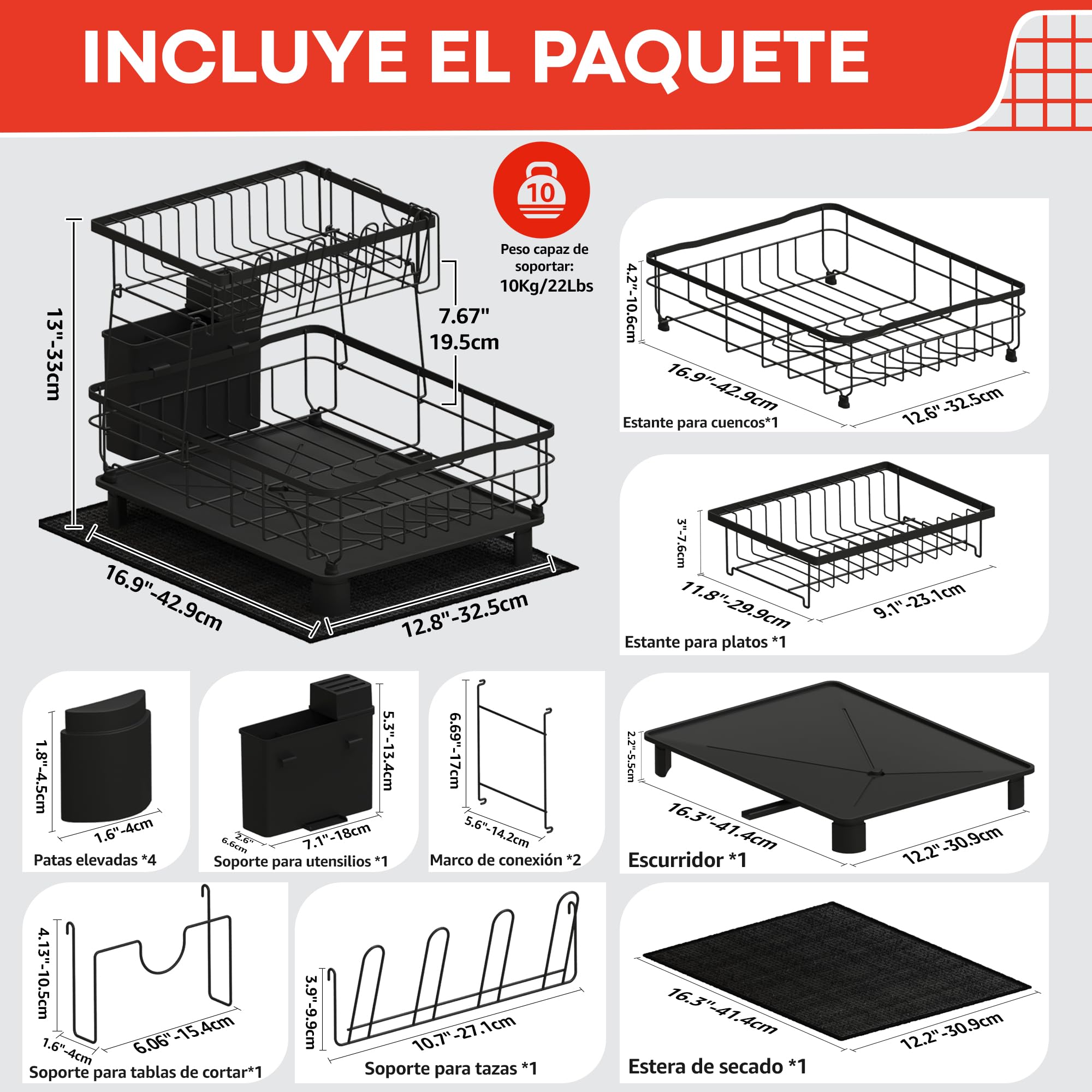 Escurreplatos sobre Fregadero - escurridor de Platos con Alfombrilla escurreplatos y Sistema de Drenaje automático a Fregadero - Fácil Limpieza y Montaje Sin Herramientas (2 Niveles)