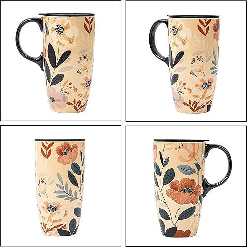 Miniatura 6 de Topadorn Taza de café de cerámica para regalo con tapa de 17 onzas, taza de té alta de porcelana con asa para el hogar y la oficina, hojas y flores
