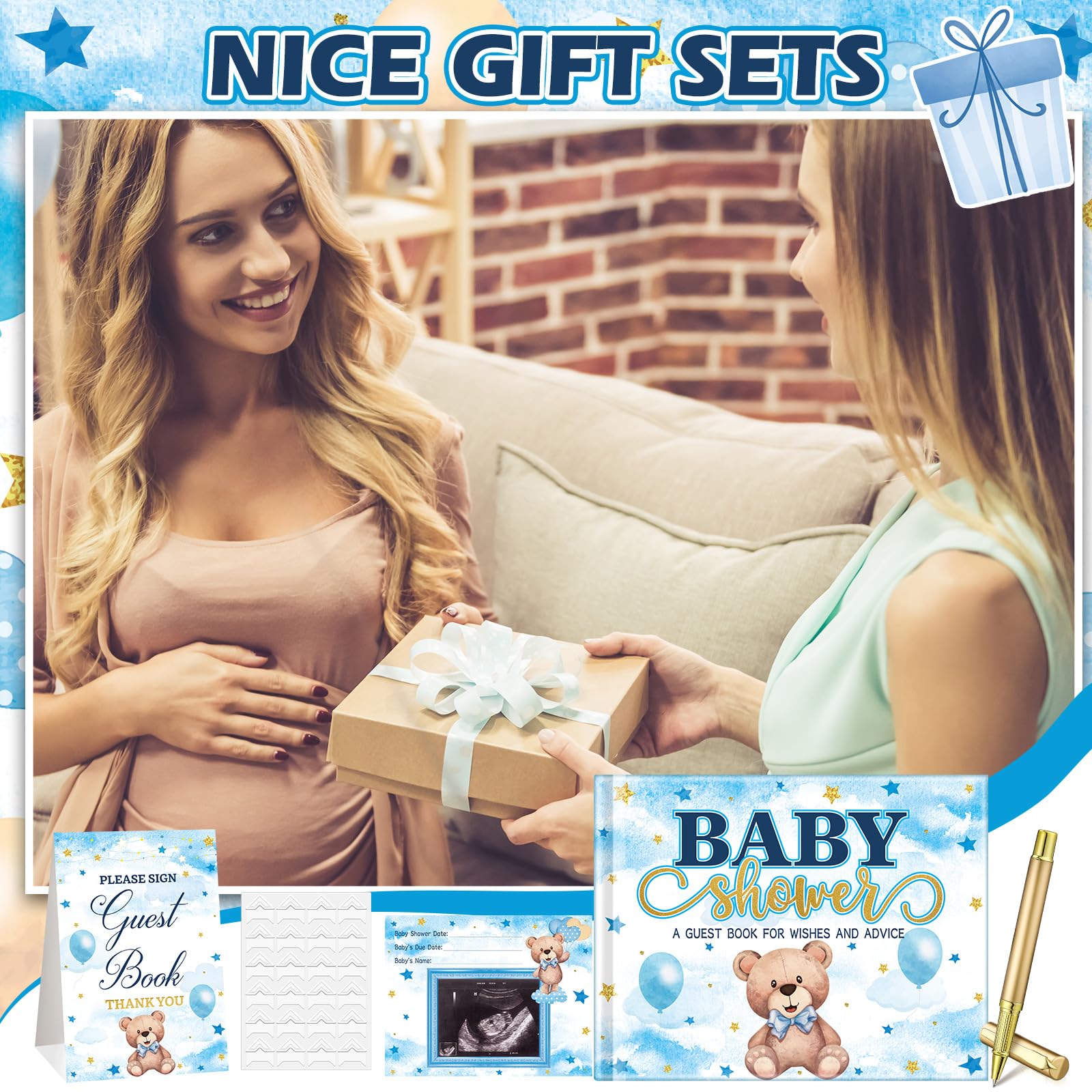 Fuyoooo Zestaw księgi gości na baby shower, niebieski, niedźwiedź, baby shower, 27 szt