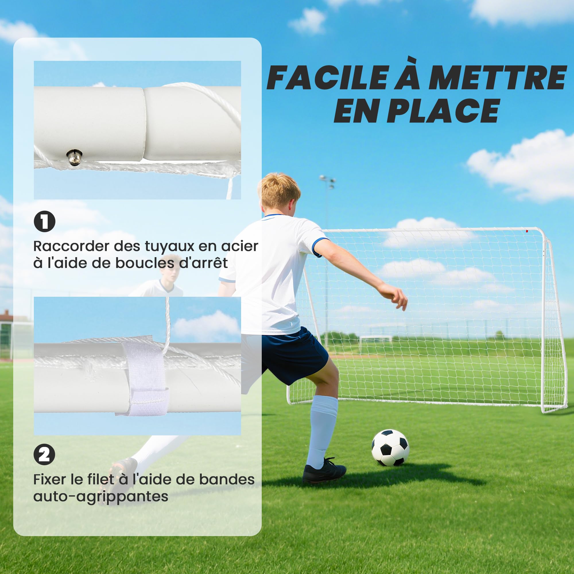 HOMCOM But de Football Châssis Métal Époxy 301L x 120l x 200H cm Blanc | Cage de Foot, But d'Entrainement, Filet PE, Piquets Inclus, Pour Ado