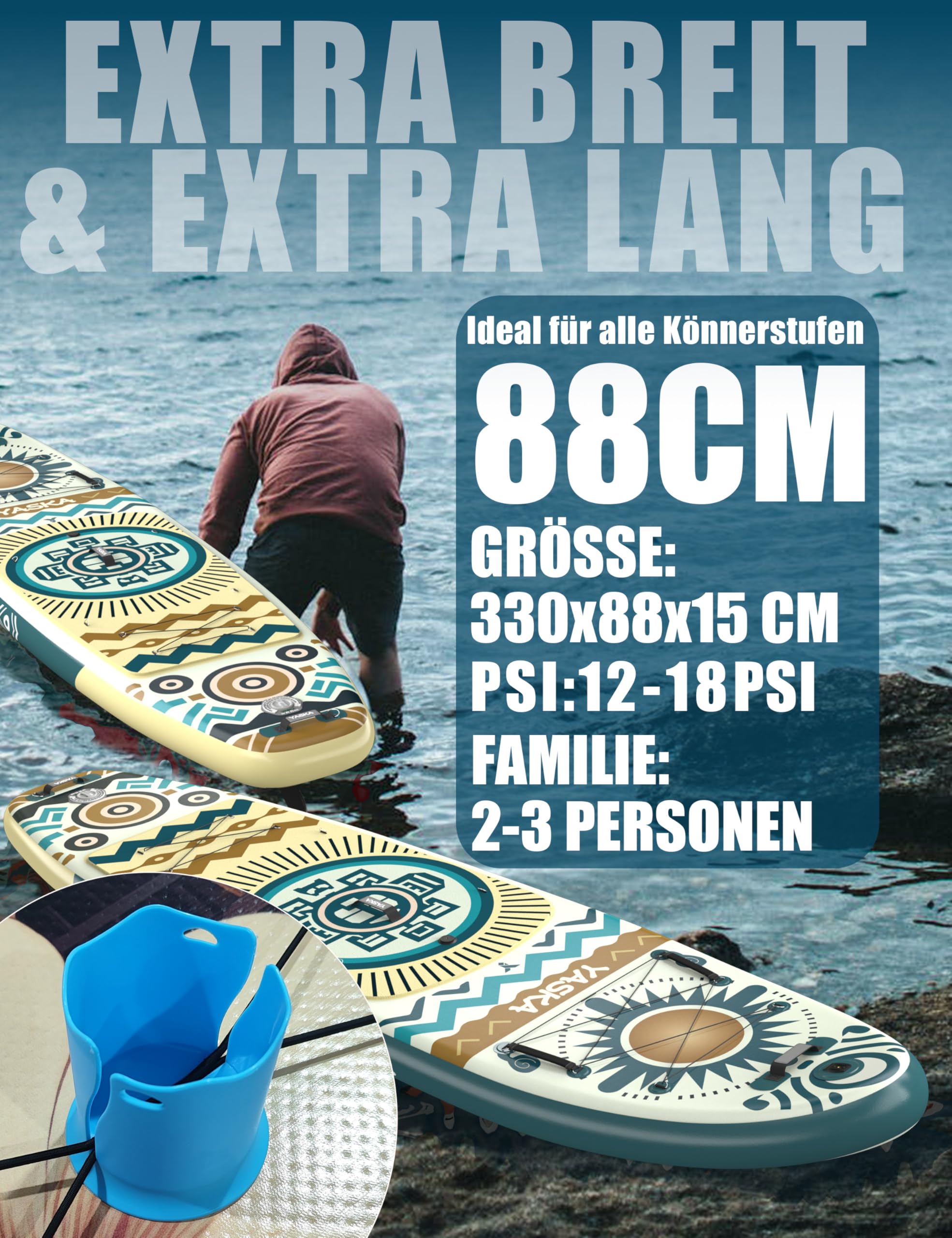 YASKA Tabla Paddle Surf Hinchable,Stand Up Paddle Board Surf con Accesorios Remo,Bomba,Correa,Aleta para 2 Personas Familia Adultos
