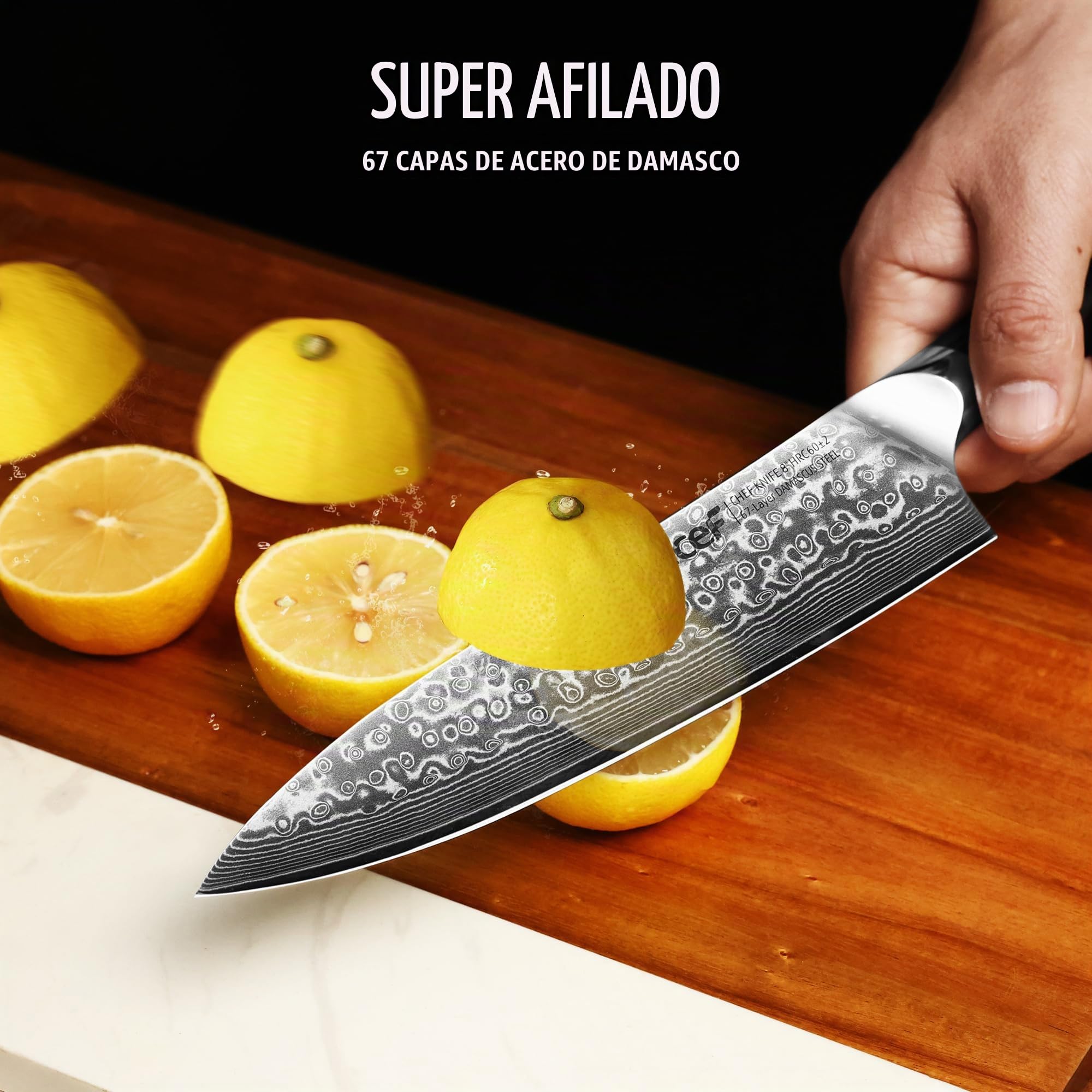 hecef Cuchillo Damasco, Cuchillo Japones Profesional con Mango Ergonómico G10, 67 Capas Cuchillo Acero Damasco con Protector de Hoja, 20 cm Cuchillo Chef, Regalo para Chef y Amantes de la Cocina