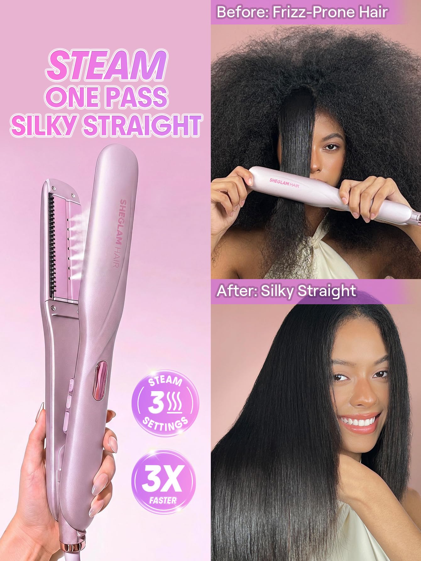SHEGLAM Dampf-Glätteisen, Keramik-Glätteisen 38 mm | Nano-Dampf Anti-Scald, 90% weniger Hitzeschäden, 3 Dampfstufen, 3 Kämme für 2B-4C, Dual Voltage, langer Halt