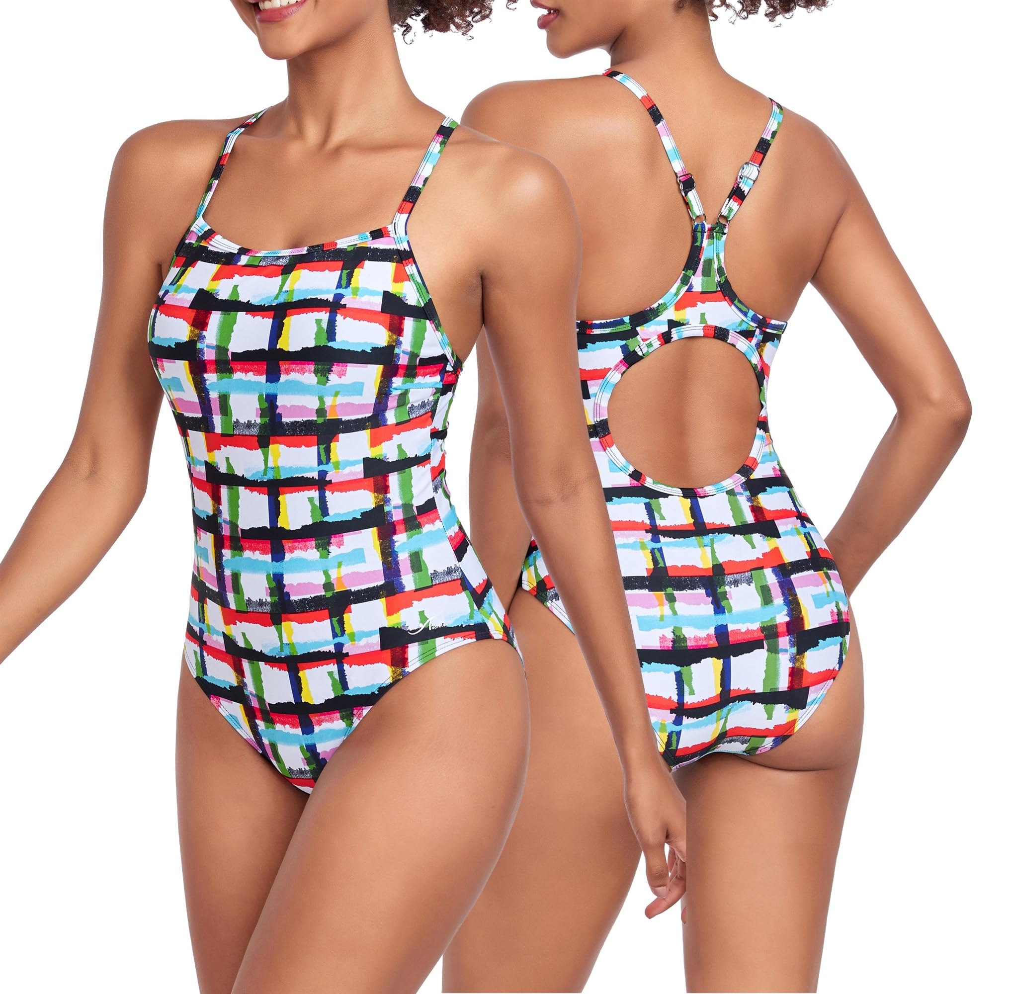 Adoretex Women's Printed Adjustable Thin Strap Athletic One Piece Swimsuit, with Removable Padded Bra for Youth and Adults (FN054) - Rainbow - XXXL