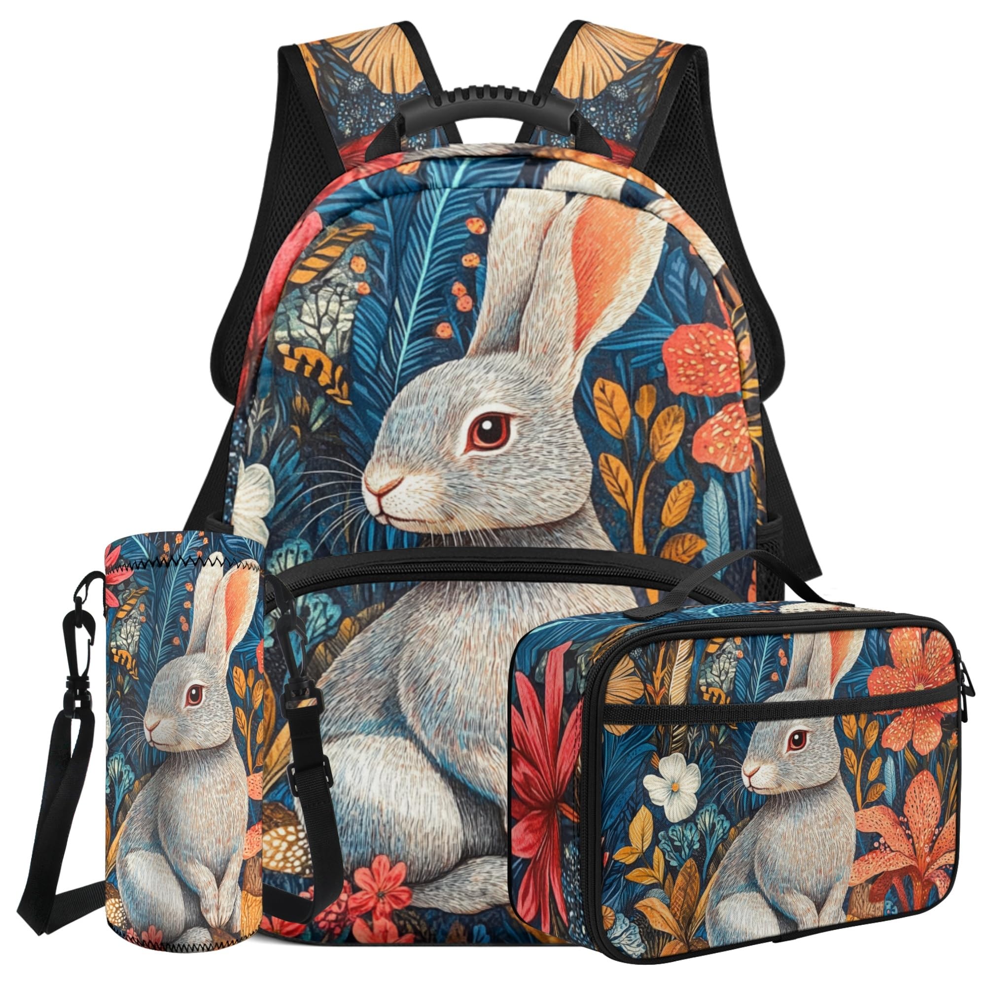 Parprinty Girls Aesthetic Floral Rabbit Backpack for School with Lunch Box and Water Bottle Holder with Strap 17 Inch Print Book Bag for Girls Sturdy