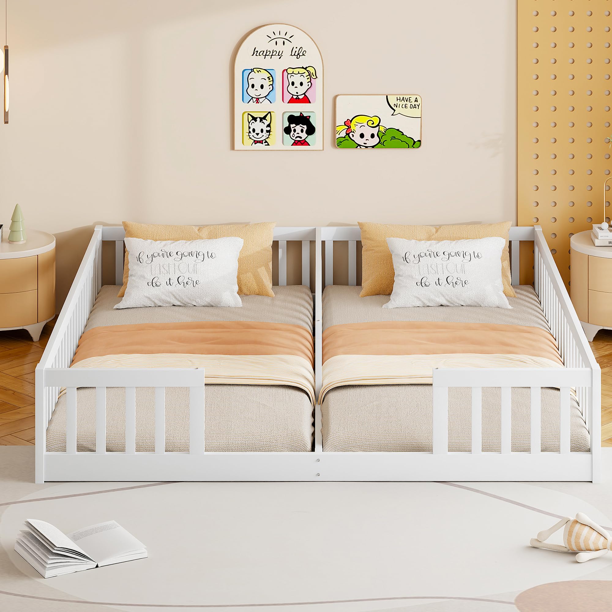 Cama de 90 x 200 cm, cama infantil con rejilla, sin somier (sin colchón), para familias con dos hijos, madera de pino, estilo minimalista, color blanco
