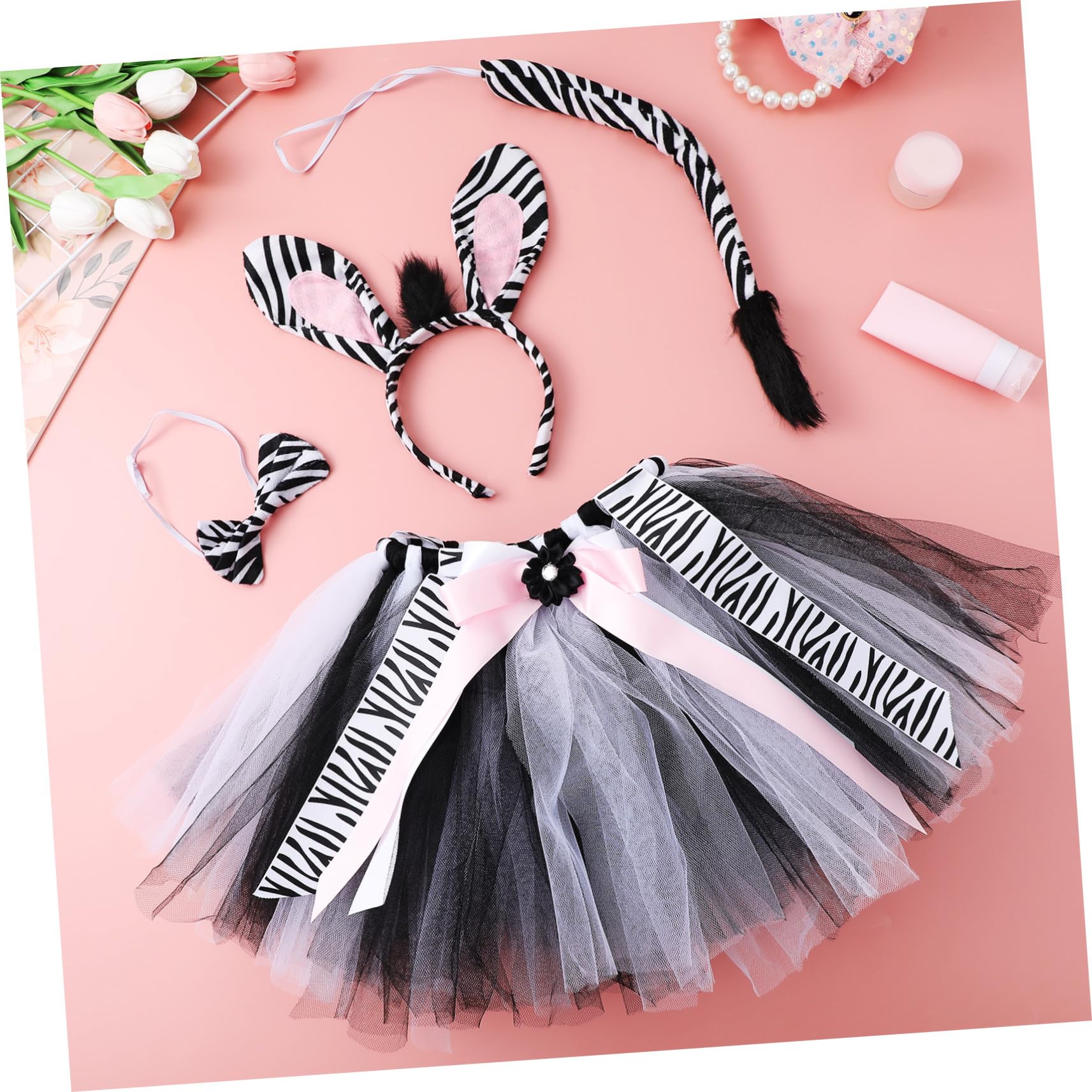 NOLITOY Disfraz de Cebra para Niños Diadema Orejas y Pajarita Falda Tutú de Poliéster Conjunto Resistente y Fácil de Combinar para Halloween y Cosplay