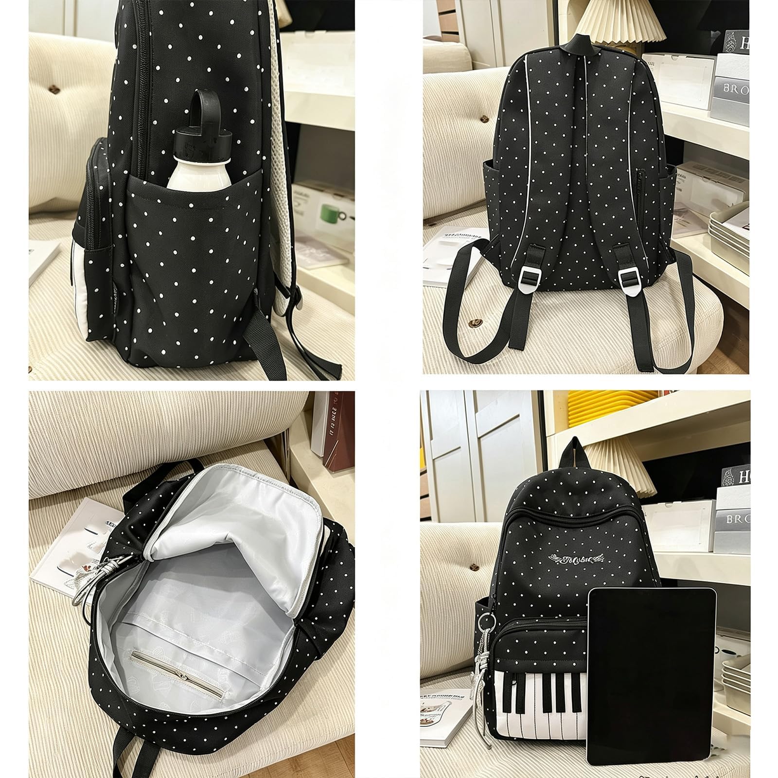 Piano Backpack for Women, Cute Polka Dot Backpack for Commute (Black)