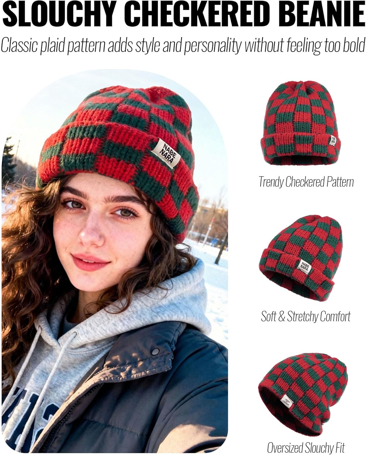 CLAPE Womens Cute Slouchy Beanies Hats, Winter Warm Chunky Checkered Beanie Large Cuff Knitted Hat Ski Cap for Cold Weather - Image 4