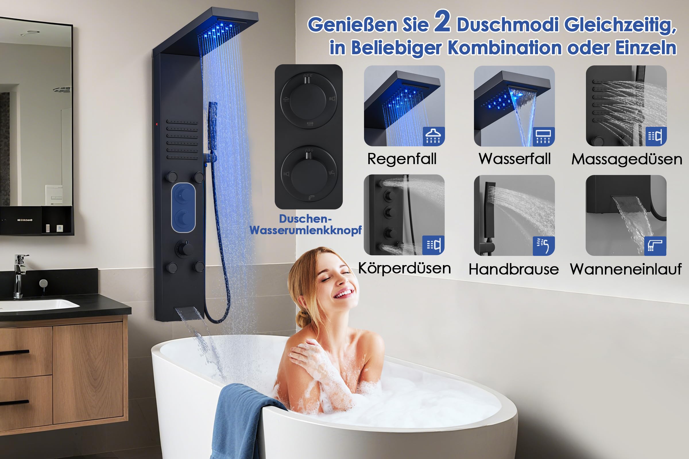 ROVOGO Komplett Schwarz LED Duschpaneel mit Thermostat, 5 Funktionen Duschsäule Regenfall Wasserfall Duschkopf, 2 Strahlarten Massagedüsen, Handbrause, Wanneneinlauf, Edelstahl Duschpaneel mit Armatur