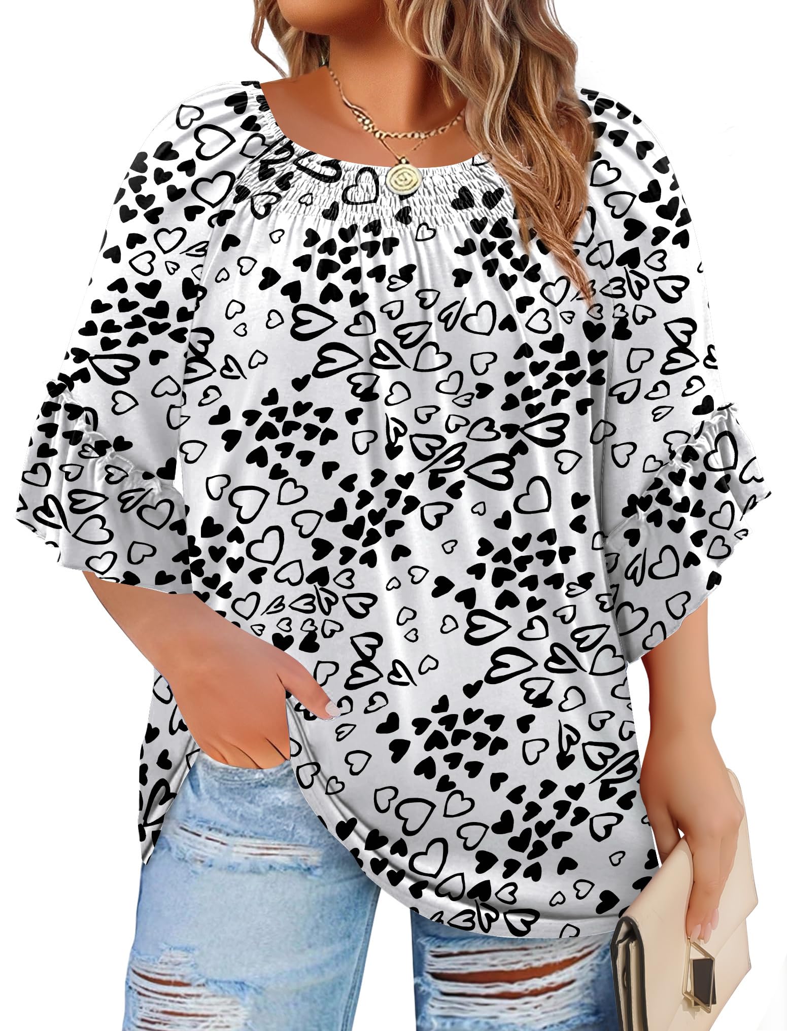Blusas femininas plus size de manga 3/4 de comprimento elegantes camisetas casuais Fahion roupas de verão