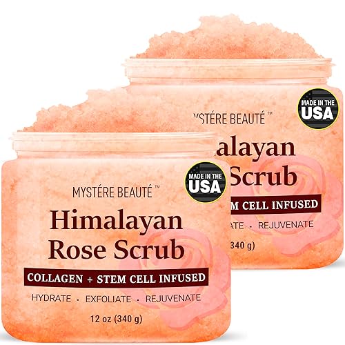 MYSTÉRE BEAUTÉ Himalayan Salt Body Scrub 12 oz each Twin Pack - with Collagen and Stem Cells - Exfoliating Salt Scrub for Cellulite - Deep Cleansing for Acne, Scars, Wrinkles - Moisturizes Skin - 12 Ounce (Pack of 2)