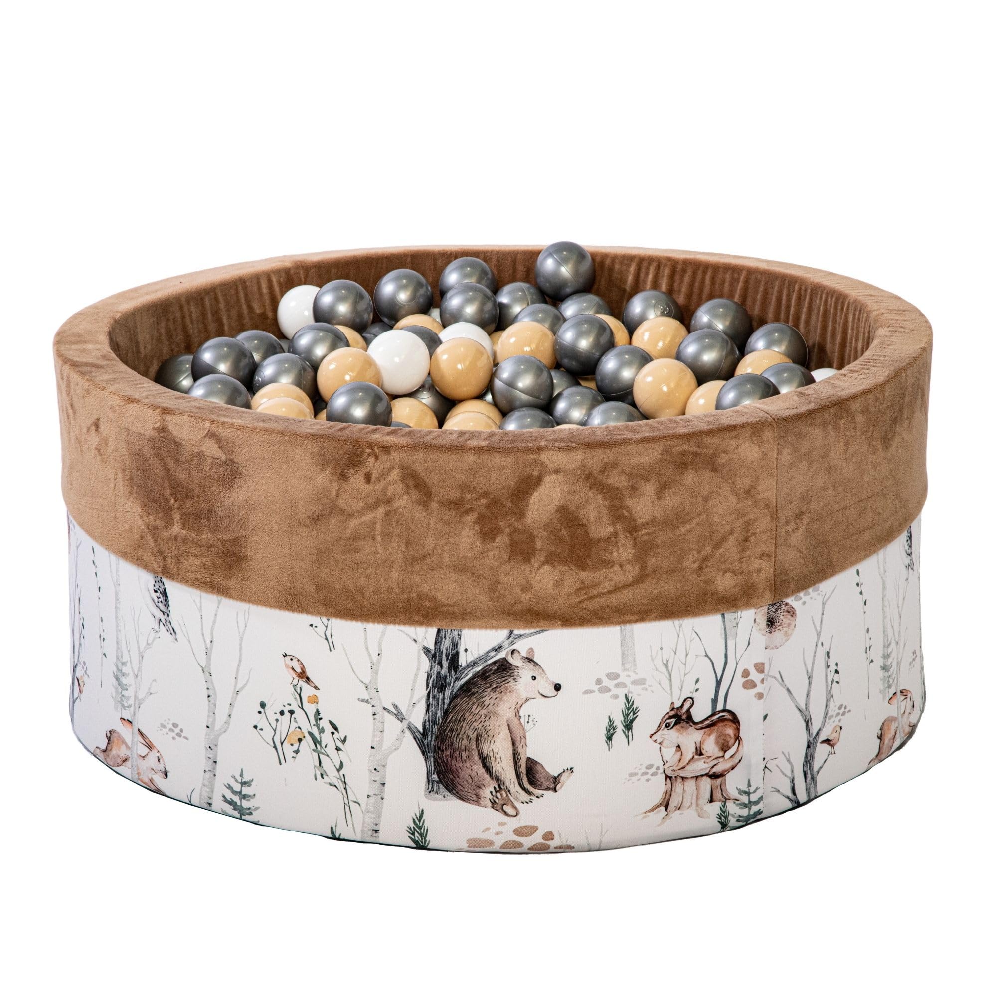 GoldenGroup Baby-Forest-Freunde Bällebad 90x40 cm mit 200 Bällen - Samt und Schaumstoff Rund in Cappuccino: Weiß, Beige, Silber