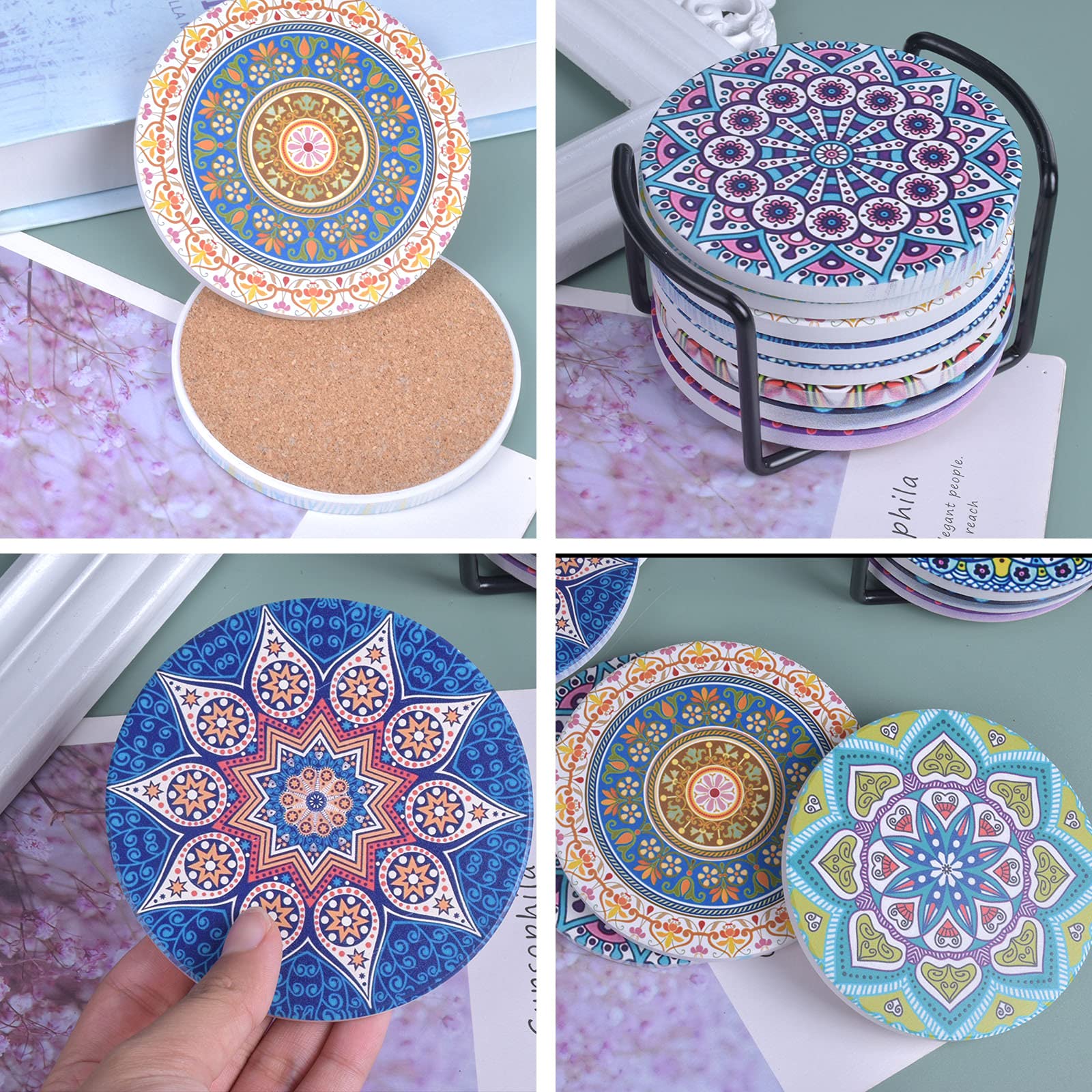 Set Di 2 Sottobicchieri Per Portabicchieri Da Auto, Motivo Fiori Rosa, 6 Cm, Fondo In Sughero In Ceramica, Adatti Per Bevande, Tazze, Decorazione