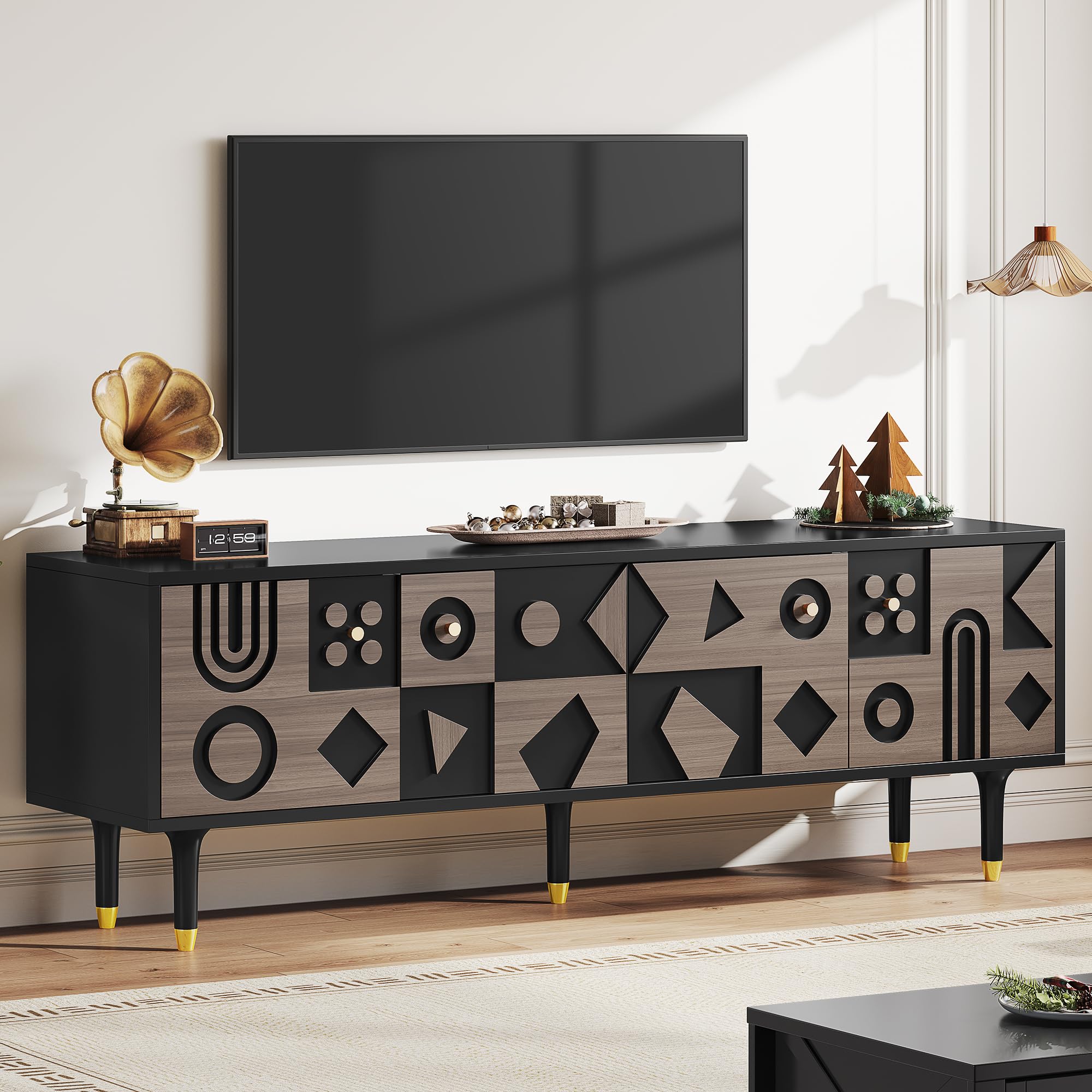 YITAHOME Mid-Century TV Stand for up to 80 Inch TV, Modern Media Console with 4 Carved Doors, 70" Entertainment Center with Storage for Living Room, Black